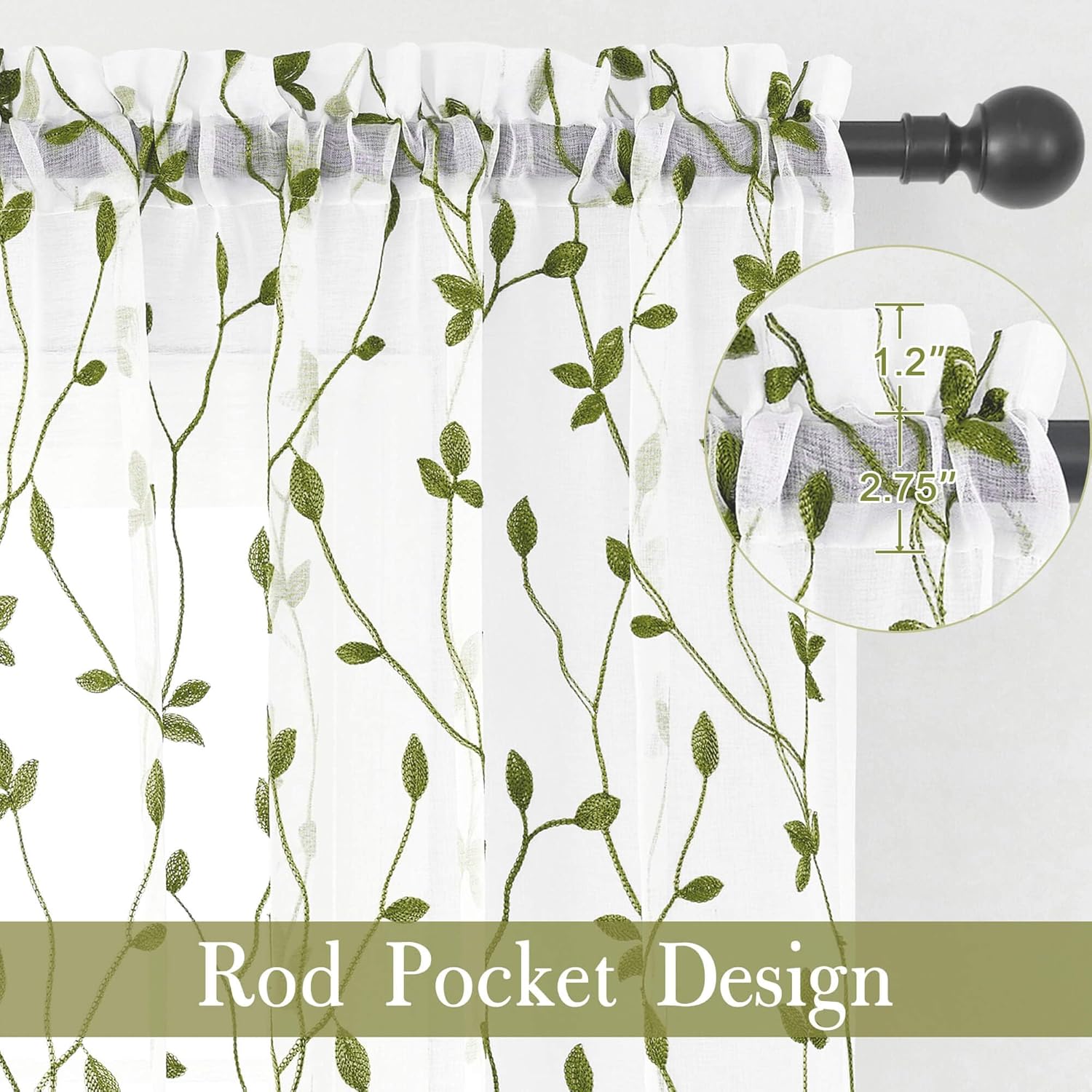 WUBODTI Sage Green Leaf Embroidered Sheer Curtains 72 Inches Long 2 Panels Set for Living Room, Spring Vintage Rod Pocket Light Filtering Faux Linen Leaves Patterned Curtains for Bedroom Dining Room