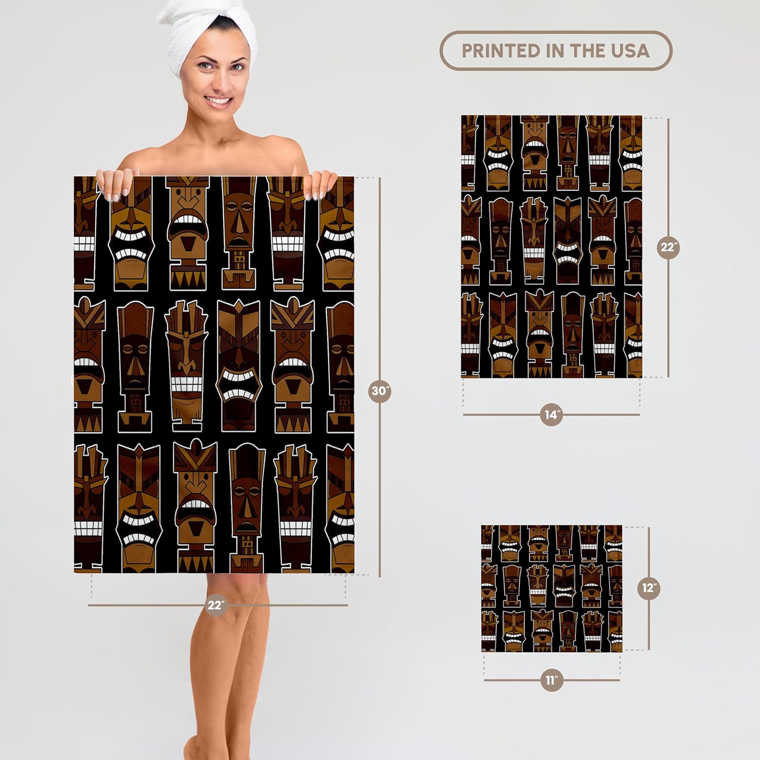 3dRose Cute Tiki Mask Print Large - Brown on Black 22x30 Bath Hand Pool Towel