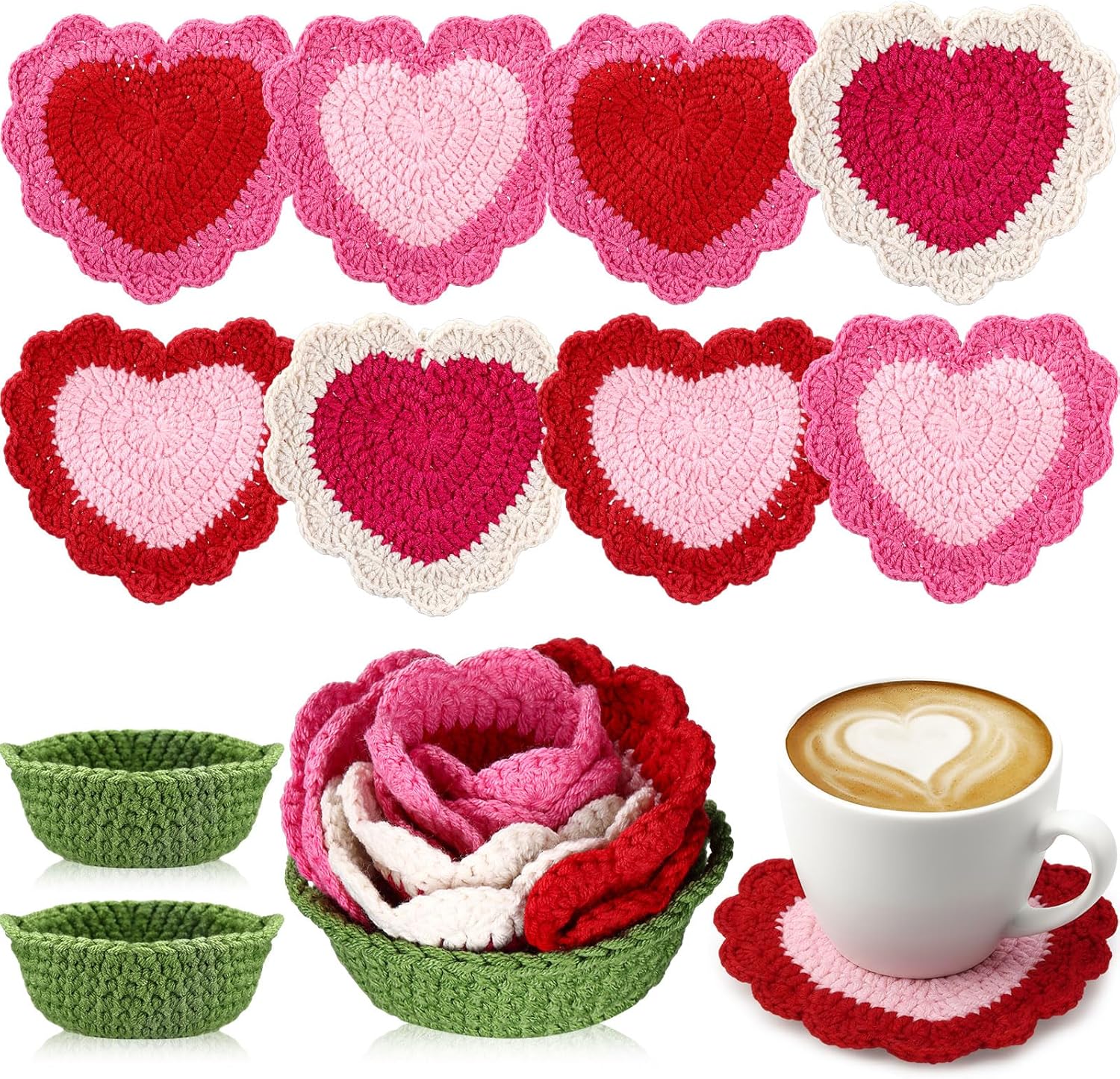 SmoothNovelty 10pcs Handmade Valentine's Day Heart Crochet Coasters Set with Flower Holders - Cute Pink Red Cup Mats for Home Bar Decor