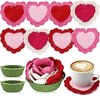 SmoothNovelty 10pcs Handmade Valentine's Day Heart Crochet Coasters Set with Flower Holders - Cute Pink Red Cup Mats for Home Bar Decor