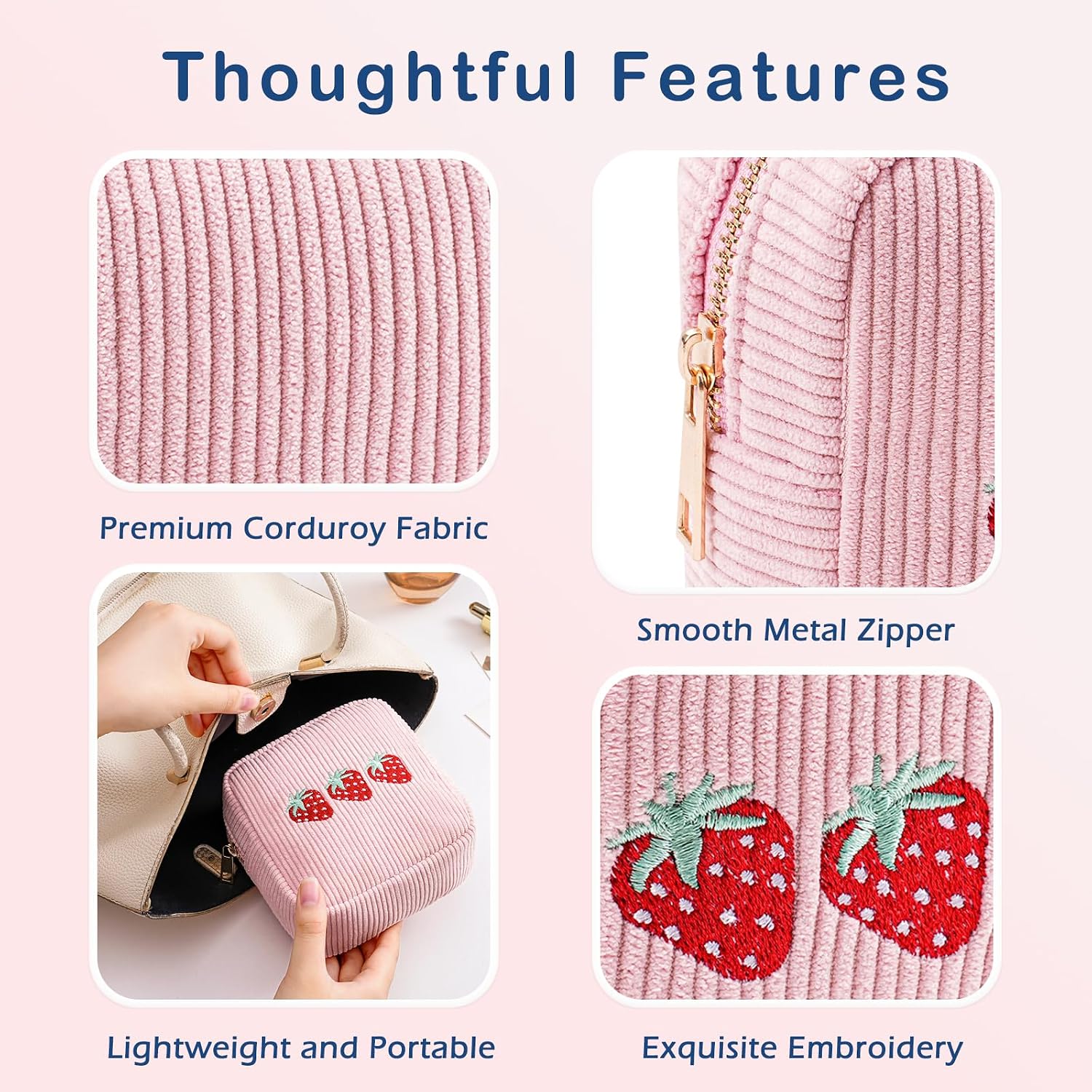 Small Makeup Bag for Purse, Personalized Mini Corduroy Cosmetic Bag with Embroidered Strawberry，Aesthetic Cosmetic Pouch, Cute Lipstick Holder for Women and Girls(05Pink Strawberry)