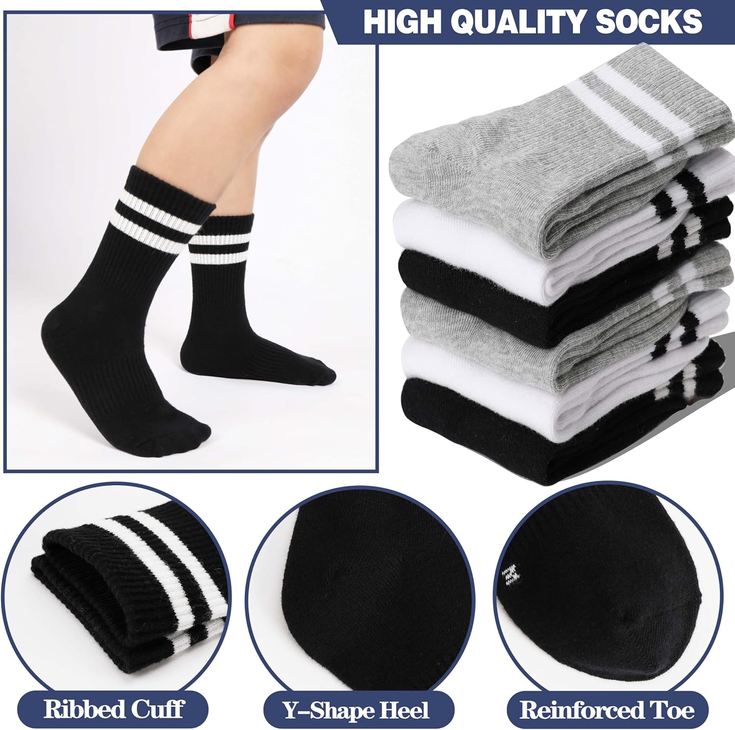 MOGGEI Boys Kids Girls Athletic Socks Basketball Sport Youth Crew Cotton Breathable Outdoor Socks 6 Pairs - Image 4