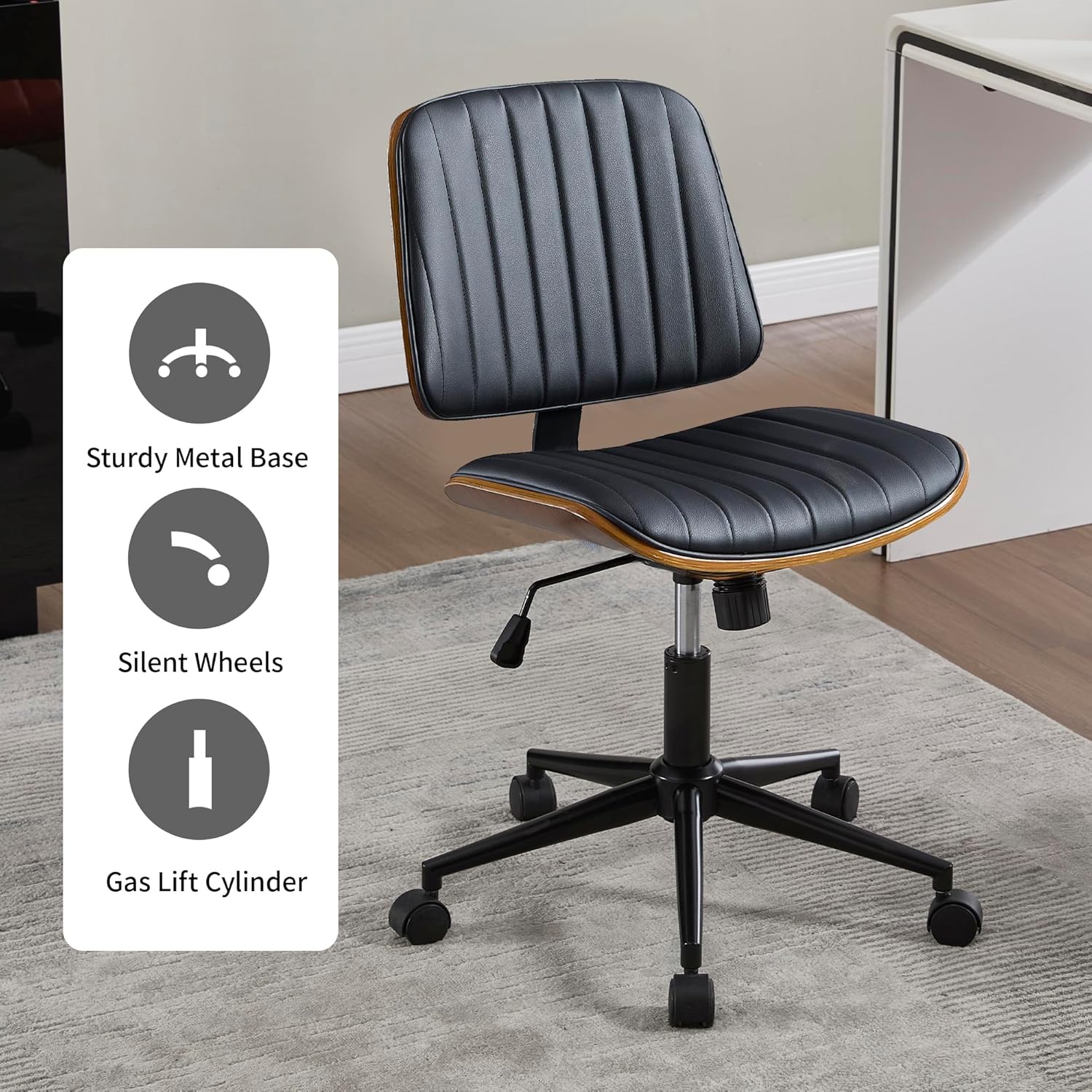 Small Home Office Chair - Armless Mid Back Desk Chair with 360° Swivel and Wheels, PU Upholstered Height Adjustable Modern Walnut Computer Chair for Home, Office Meeting Room - Black - Image 7