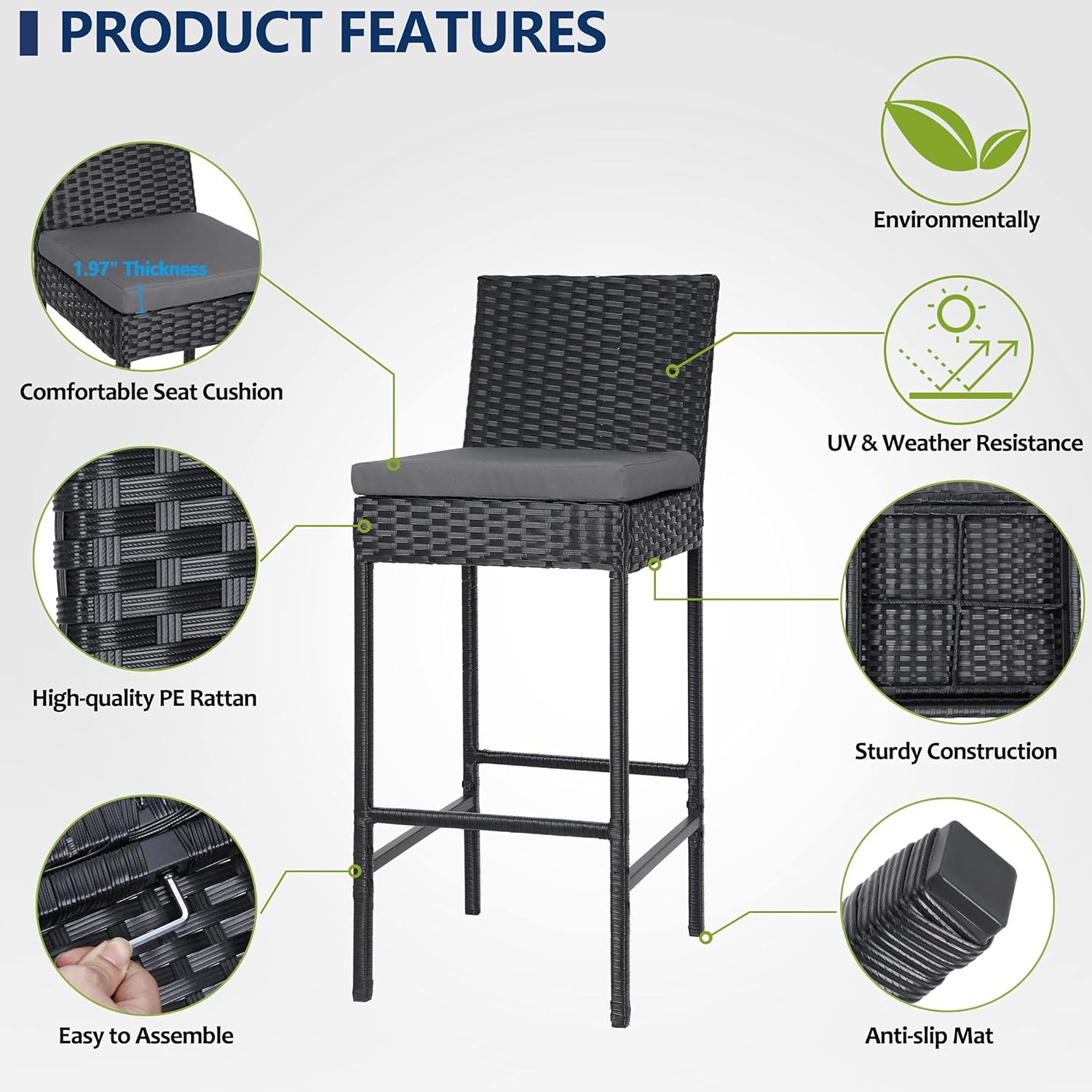 lafuria 2 Packs Wicker Barstools Outdoor Patio Rattan Furniture with 2 Cushions for Lawn Balcony Garden Black : Patio, Lawn & Garden