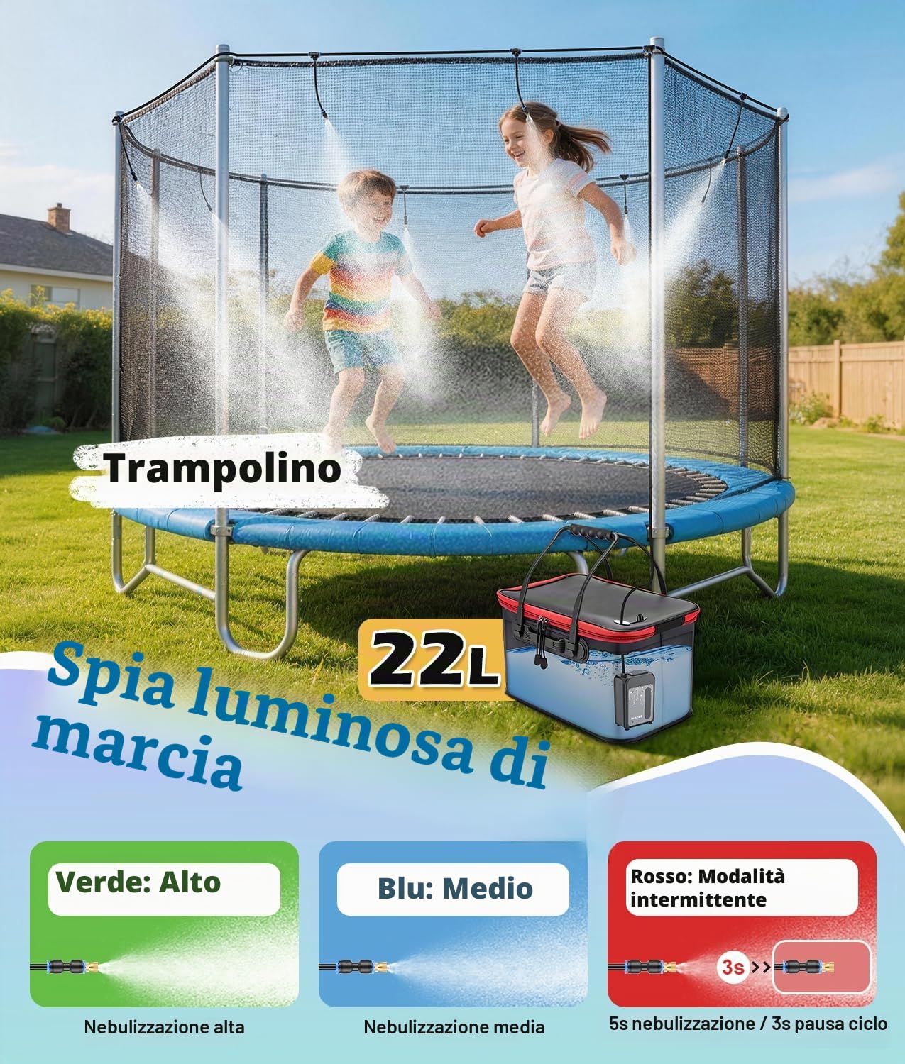 WADEO Sistema di Raffrescamento a Nebulizzazione Portatile, Sistema Nebulizzatore da Esterno con Pompa Ricaricabile 6000mAh, Tubo da 8M e 8 Ugelli in Ottone, per Campeggio, Giardino, Patio e Sport