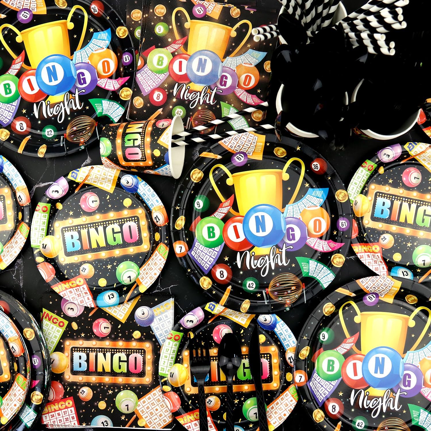 Bingo Party Decorations, Bingo Party Supplies, Plates Cups Napkins Tablecloth Bingo Night theme Banner Balloon Cake Toppers for Game Night Party Supplies, Serves 20