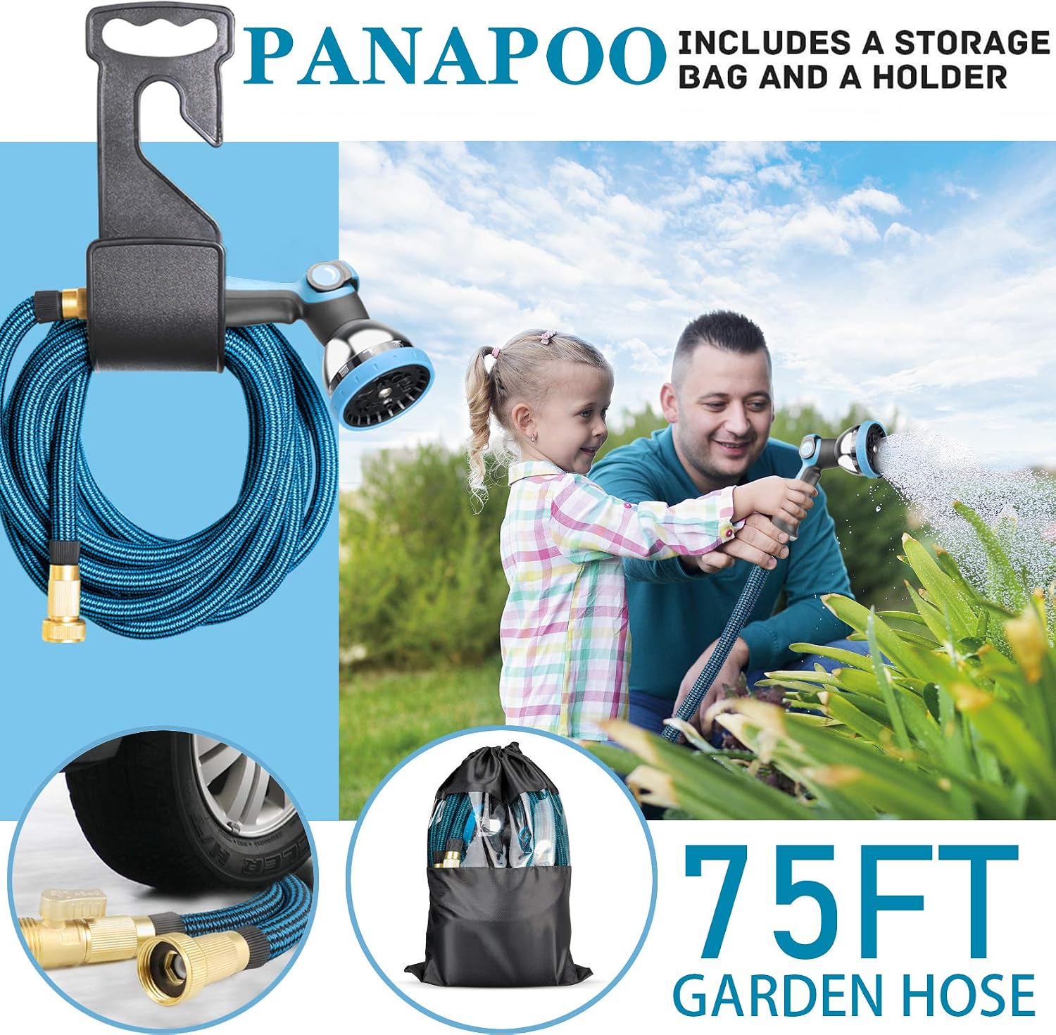 PANAPOO 75ft Garden Hose, New 2021 Expanding Flexible Hose with 10-Way High-Pressure Spray Nozzle,Superior Strength 3750D Expanding Water Hoses,Leak-Proof Garden Hose
