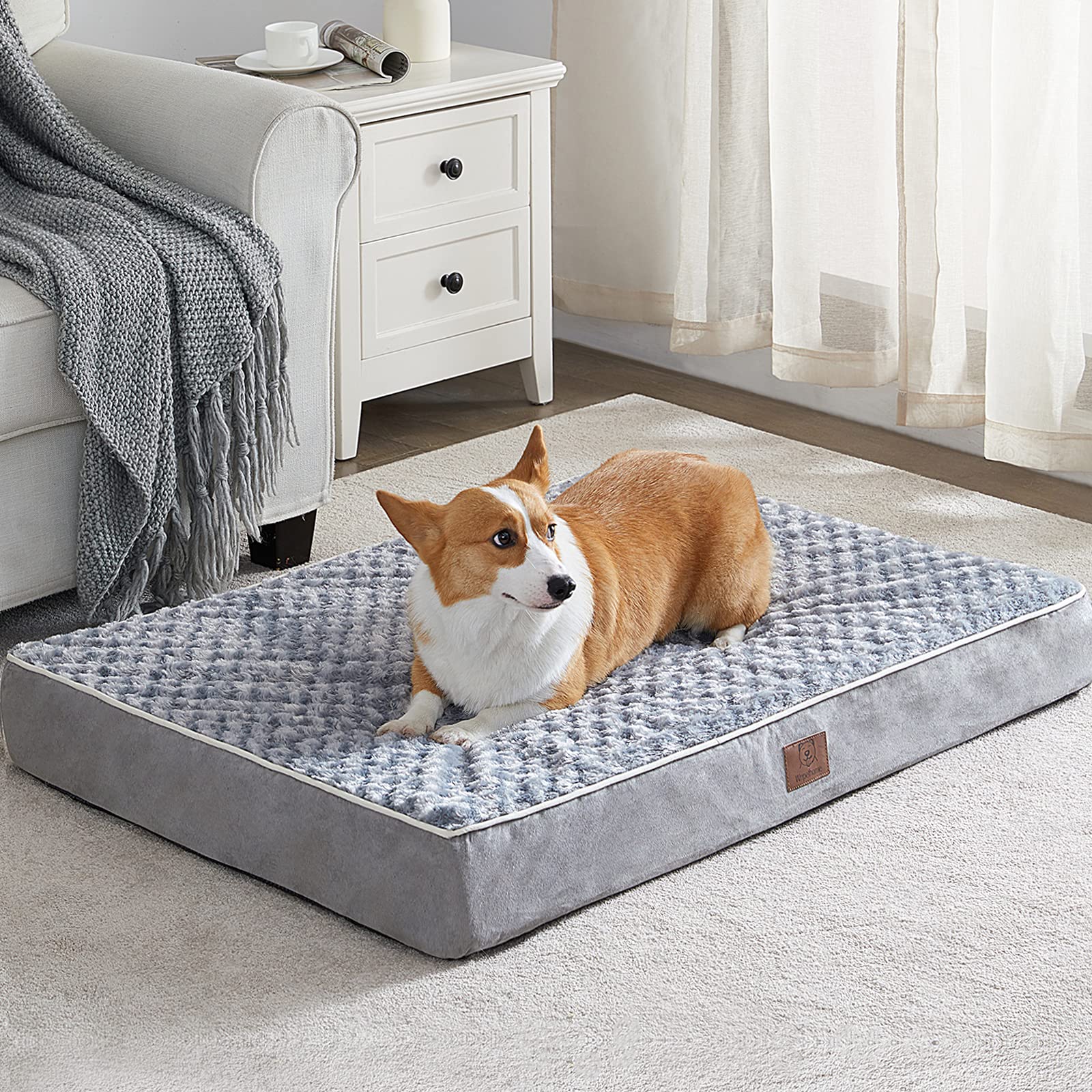 WNPETHOME Orthopedic Large Dog Bed, Dog Bed for Large Dogs with Egg Foam Crate Pet Bed with Soft Rose Plush Waterproof Dog Bed Cover Washable Removable?Dog Bed Large 36 x 27 x 3 inch Grey?