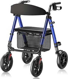 WALK MATE Rollator Walker for Seniors, 10 Inch Big Wheels, Reinforced Aluminum Frame 350lb Weight Capacity, Foldable All Terrain Rolling Walker with Seat, Lightweight Adjustable Height, Blue