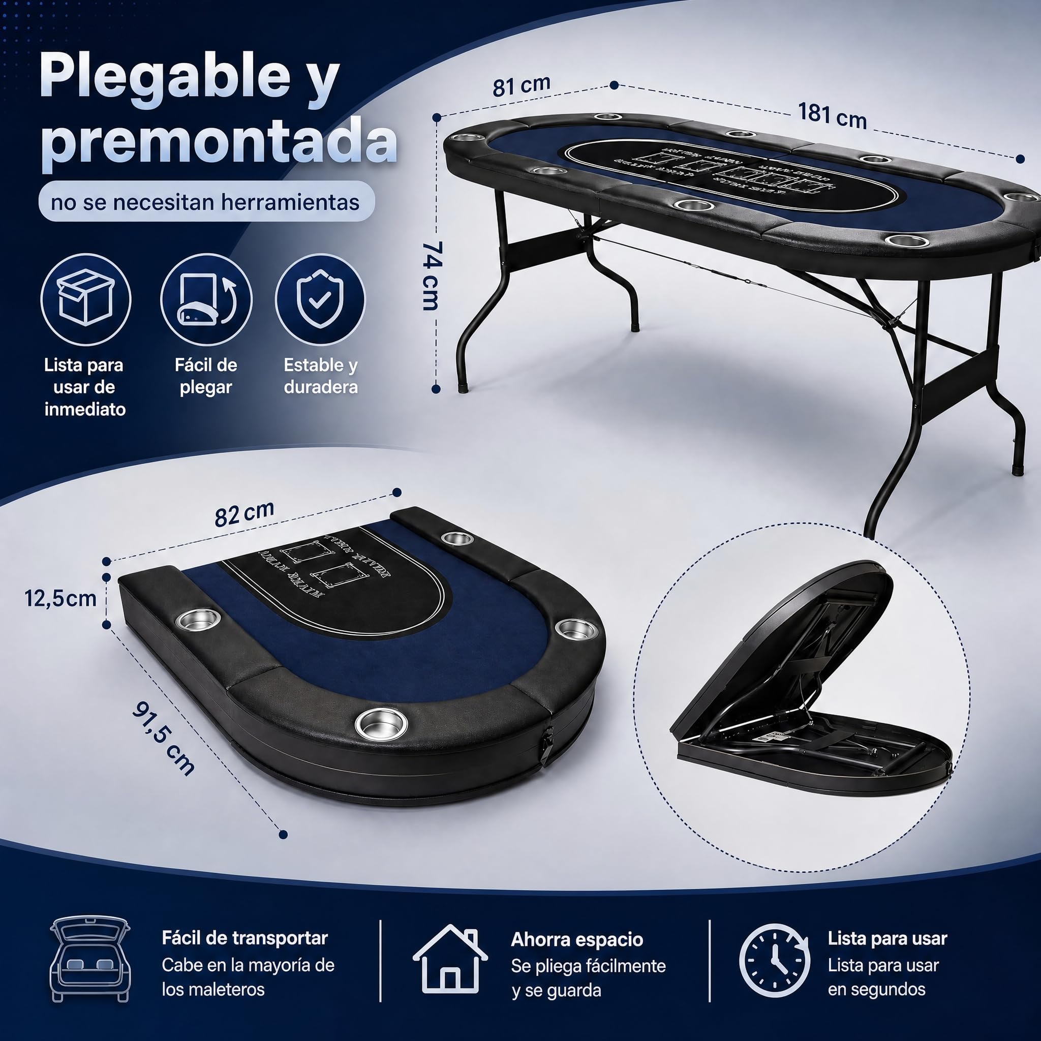 Hotsizz Mesa de Poker Plegable 8 Plazas - 181 × 81 × 74 cm, Diseño de Mesa Poker de Casino Profesional, Equipado con Portavasos acolchados y gruesos, ideal para familiares y amigos