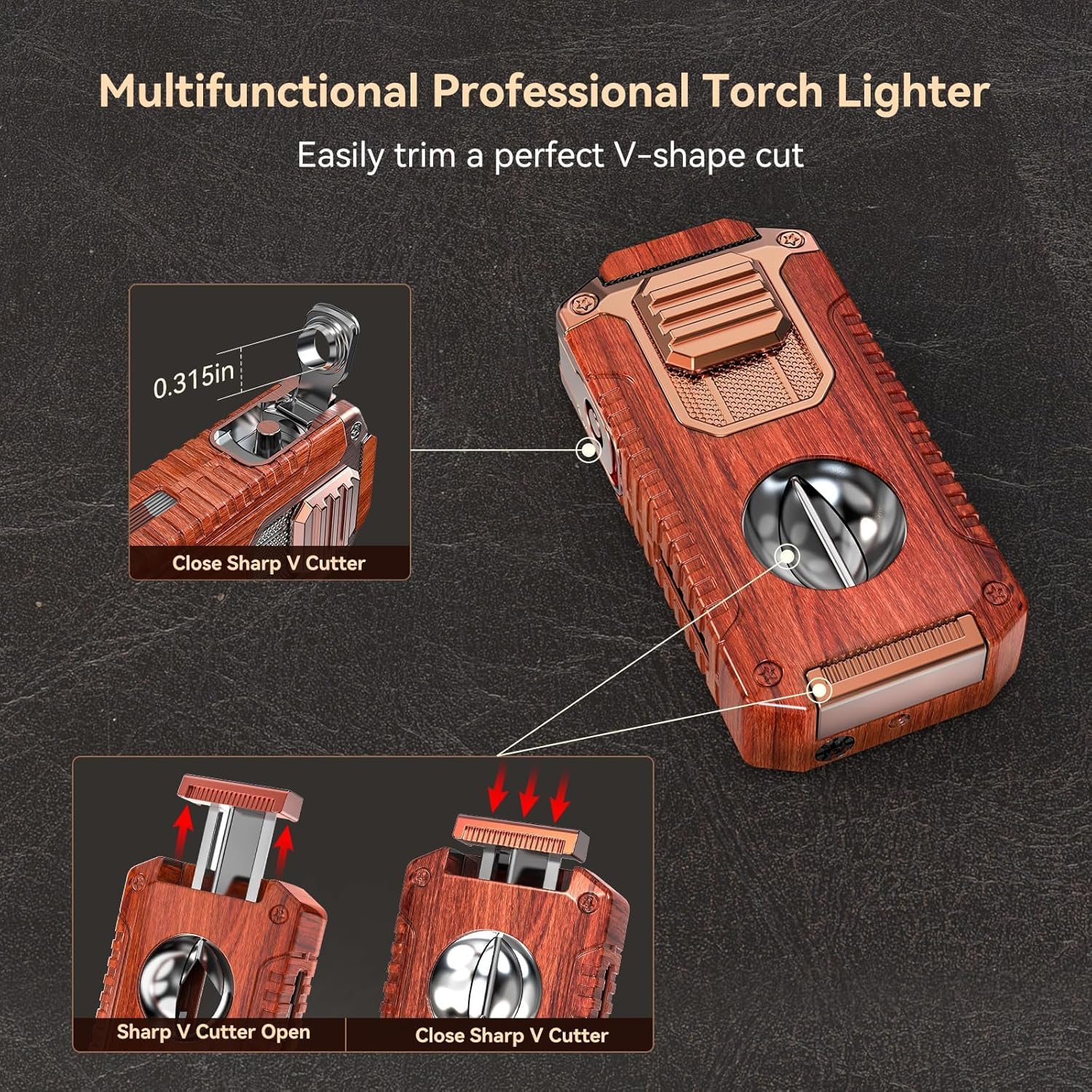 All-in-One Triple Torch Lighter with Built-in V Cutter, Holder, Punch, and Draw Enhancer Tool, Winproof Adjustable Triple Jet Flame Lighter, Refillable Lighter Gift for Men (Mahogany)