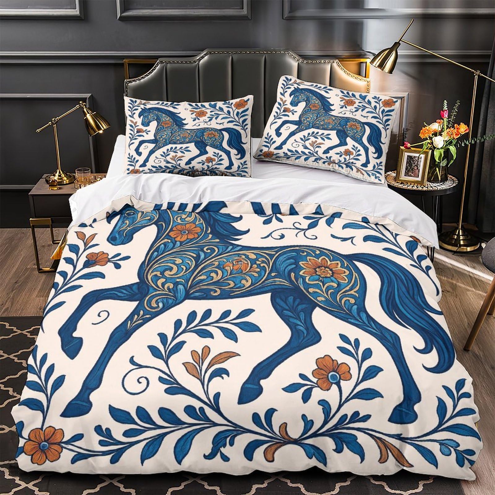 Parure de lit motif cheval orné 3D avec housse de couette anti-tache bohème