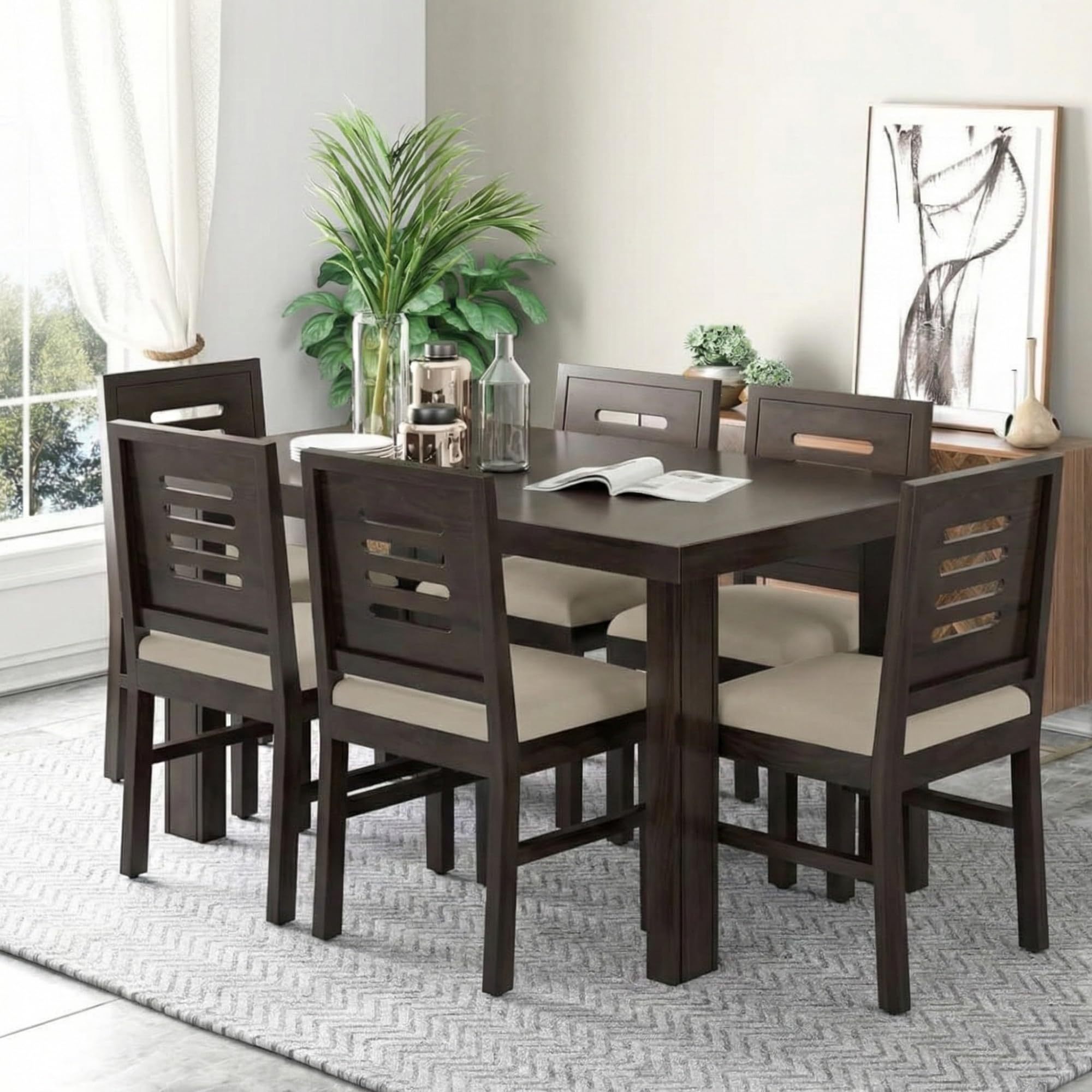 SONA ART & CRAFTS Solid Sheesham Wood 6 Seater Dining Table with 6 Chairs for Living Room | Walnut Finish-image-13
