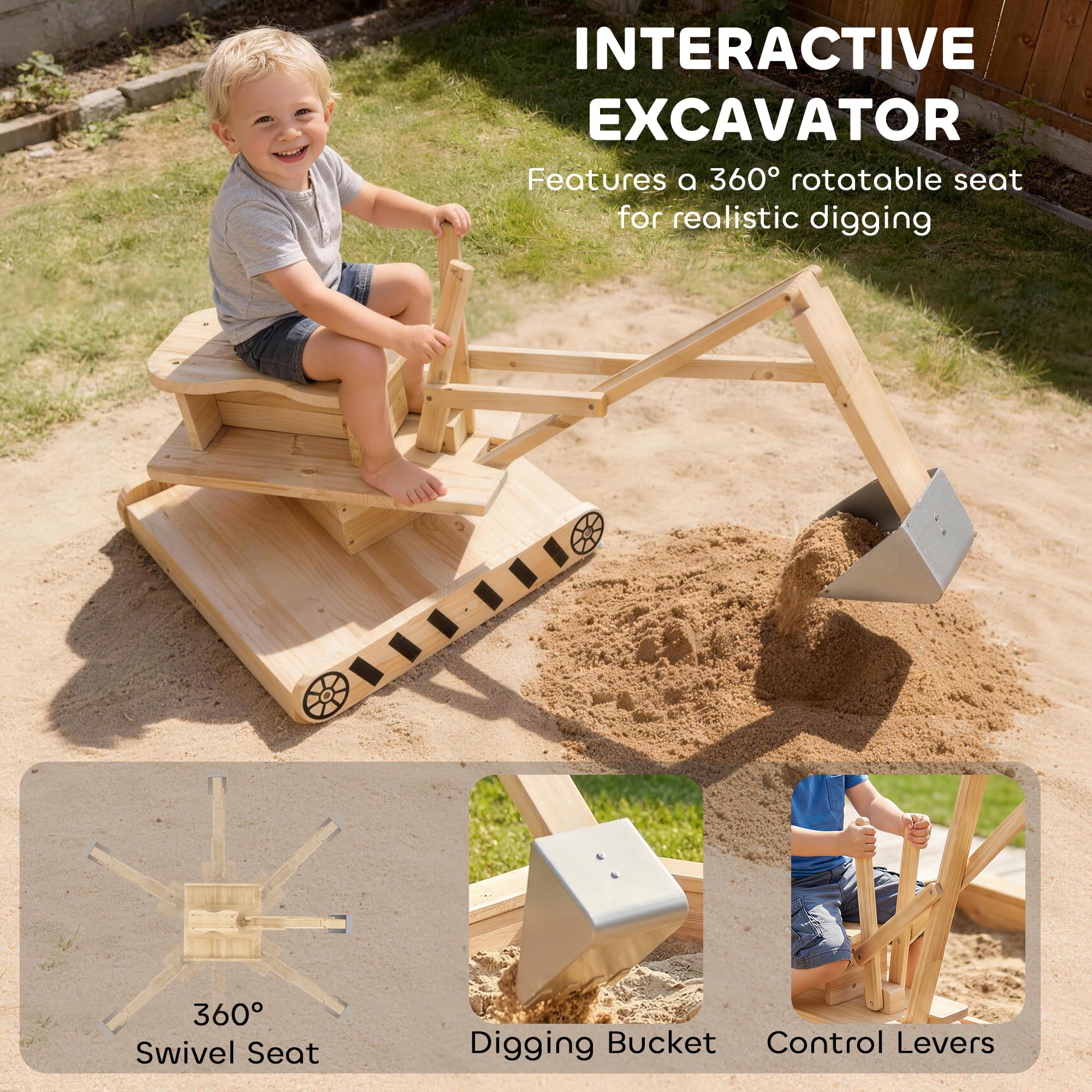 Qaba Caja de arena de madera con excavadora, caja de arena para niños al aire libre con asiento giratorio de 360°, pozo de arena de madera de abeto con forro inferior para niños de 3 a 6 años, 72 x 35