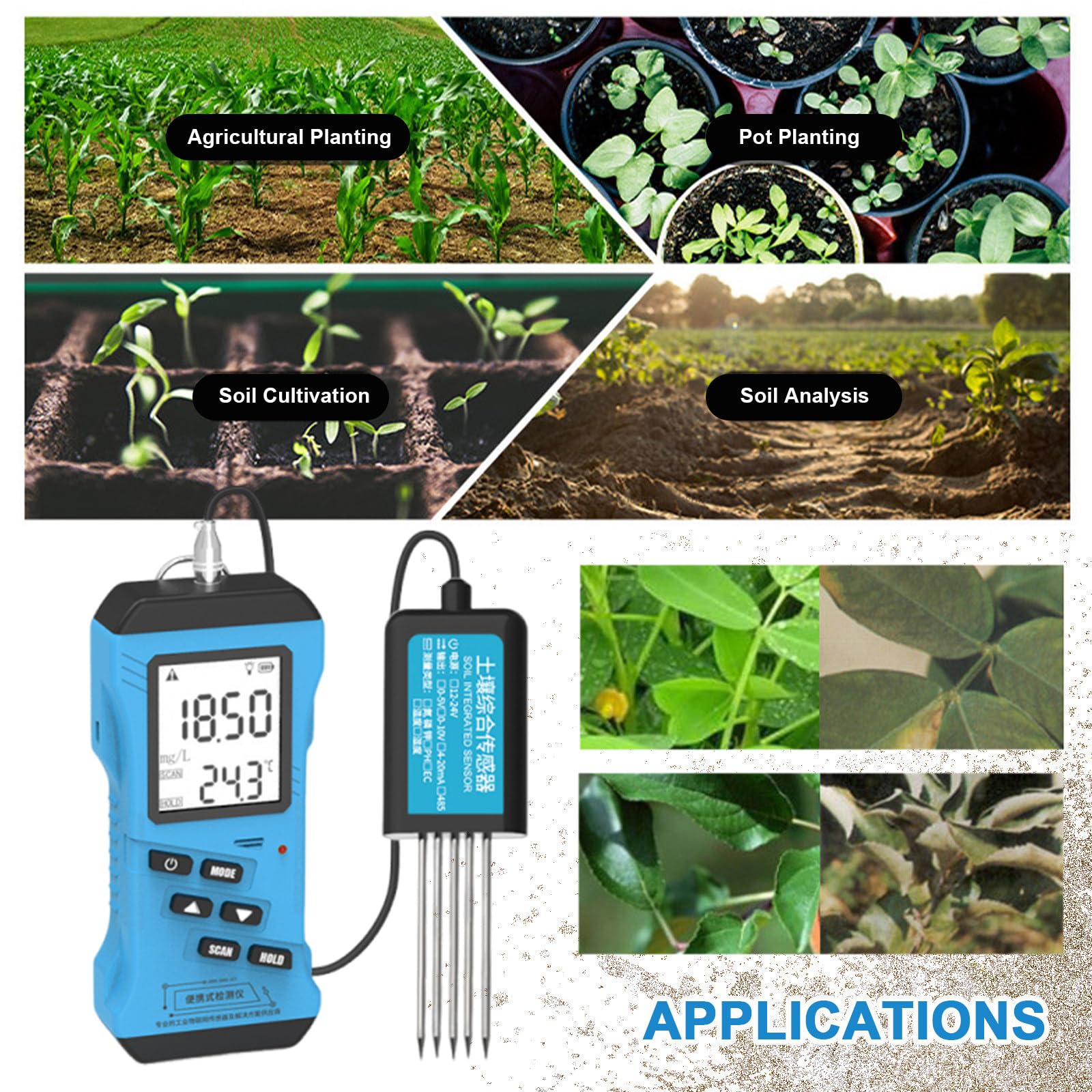Tester per suolo 5 in 1, misura pH, umidità, EC, nutrienti, temperatura con display a LED per analisi di giardini e fattorie