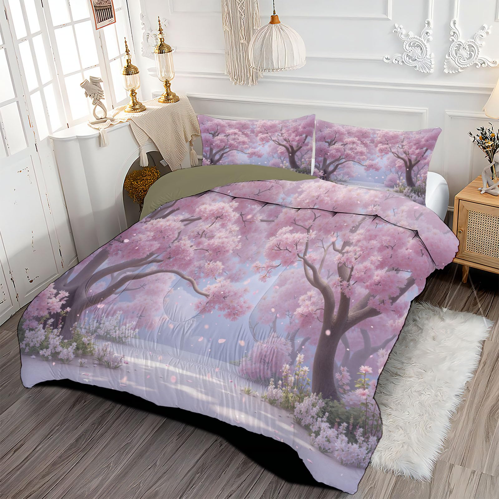 Edredón Relleno Nórdico Cama 90,Edredón de Fibra 200gr/m², 140x200cm 4 Estaciones Estampado Acuarela Bosque Cerezos En Flor 3D Edredón Pétalos Ensueño De Mariposa Suave y Ligero con 1 Fundas
