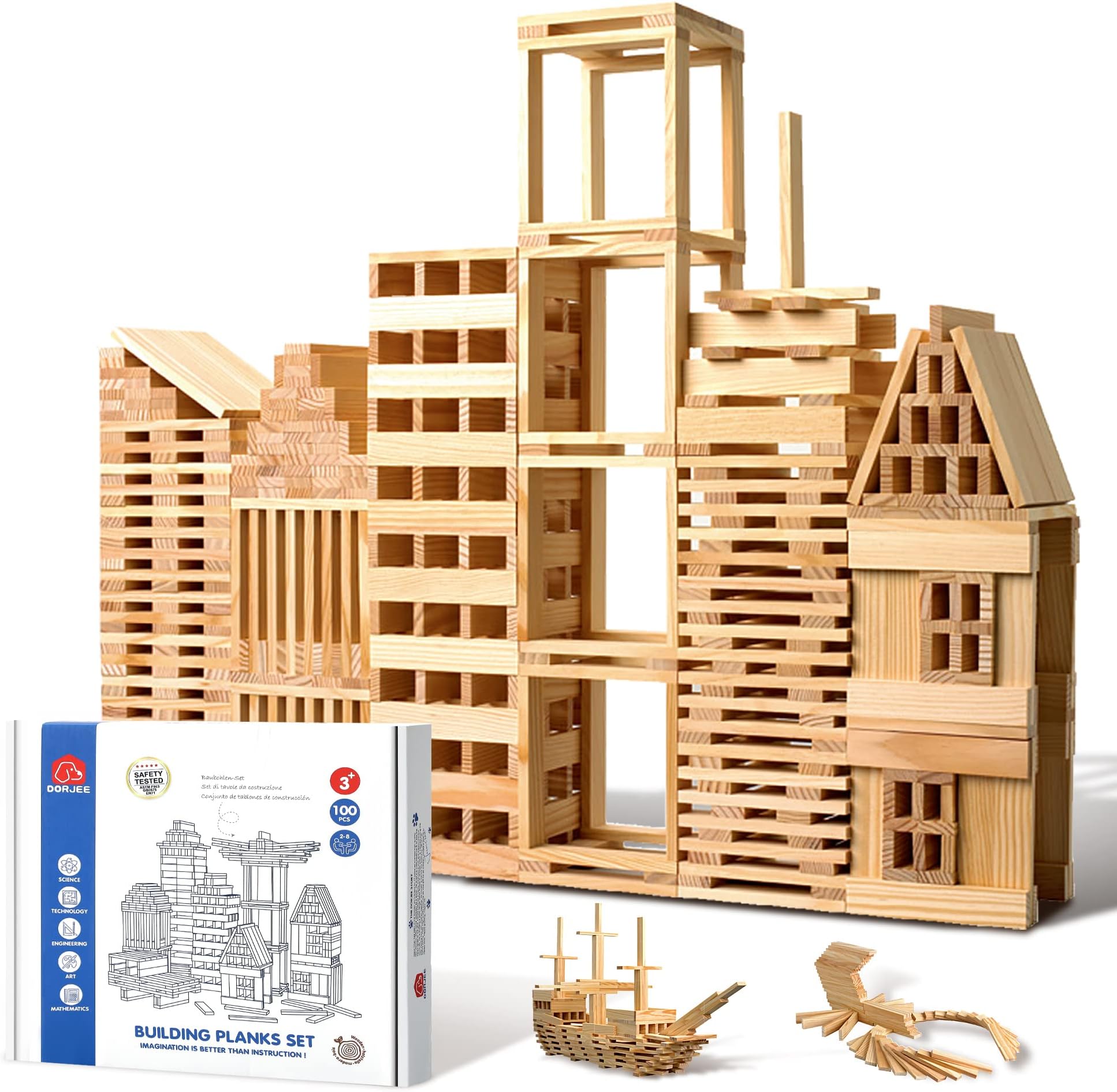 ICEKO KN Pack of 100 Natural Wooden Building Blocks, Toys from 3 4 5 6 Years, Wooden Building Blocks for Children, Gifts Boys and Girls from 3 Years, Easter Gifts, Creative Gift