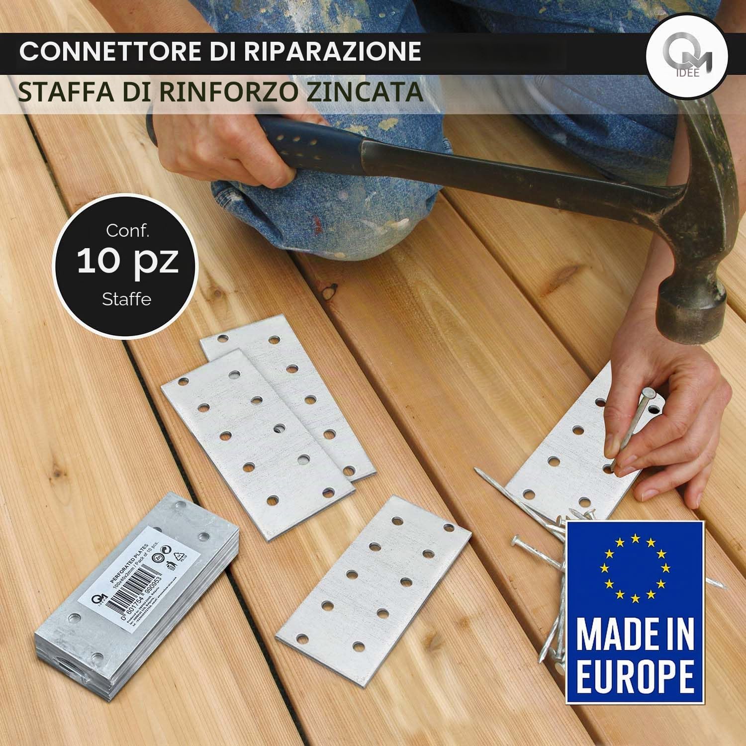 10 x Piastre forate (100 x 40 x 2) Piastra di fissaggio, Connettore per legno, Lastrina di giunzione piatta, Piastra di montaggio zincata in acciaio