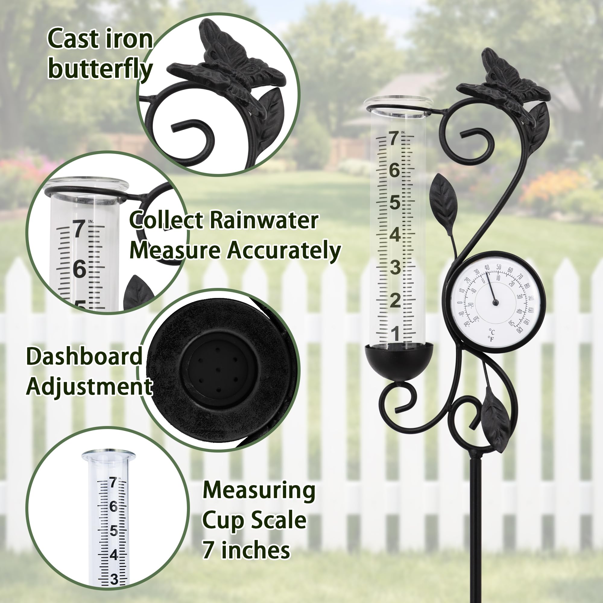 Pluviomètre papillon pour décoration de jardin, thermomètre de 81,3 cm, décoration de terrasse, 17,8 cm, tube de rechange en verre, température extérieure
