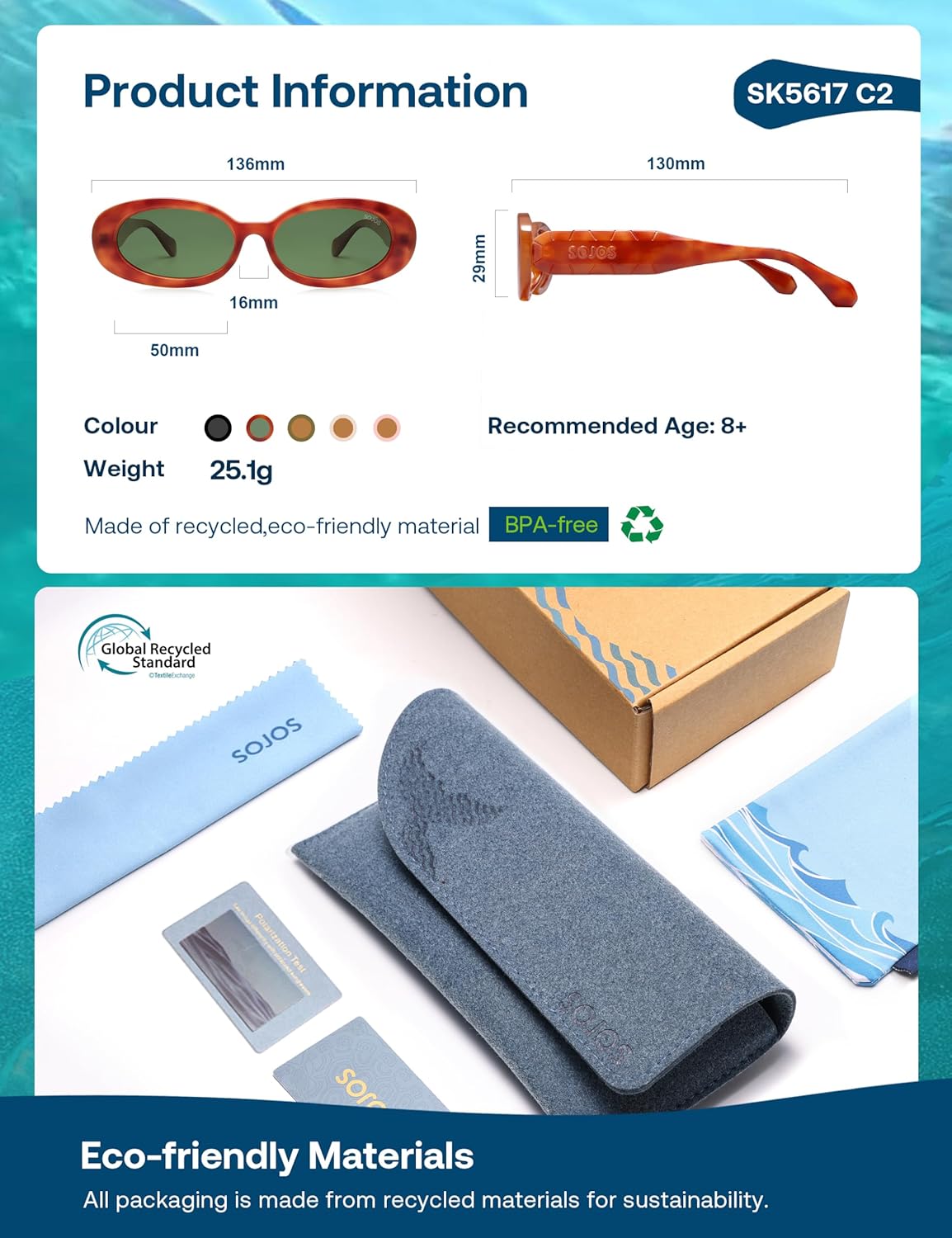 SOJOS Ocean Collection Retro Oval Polarized Sunglasses for Kids Girls Boys Recycled Plastic Frame, Sunlight S