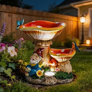Garden Gnome Statue, Solar Powered Gnome Figurine with Mushroom Decor, Waterproof Resin Lawn Ornamnets for Outdoor Patio Yard Home Tabletop Deocr, Ideal Gifts for Mom