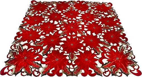 Miniatura 3 de Linens, Art and Things Mantel cuadrado pequeño bordado con diseño de flores de pascua rojas, diseño de flores de pascua rojas, hojas verdes, 33