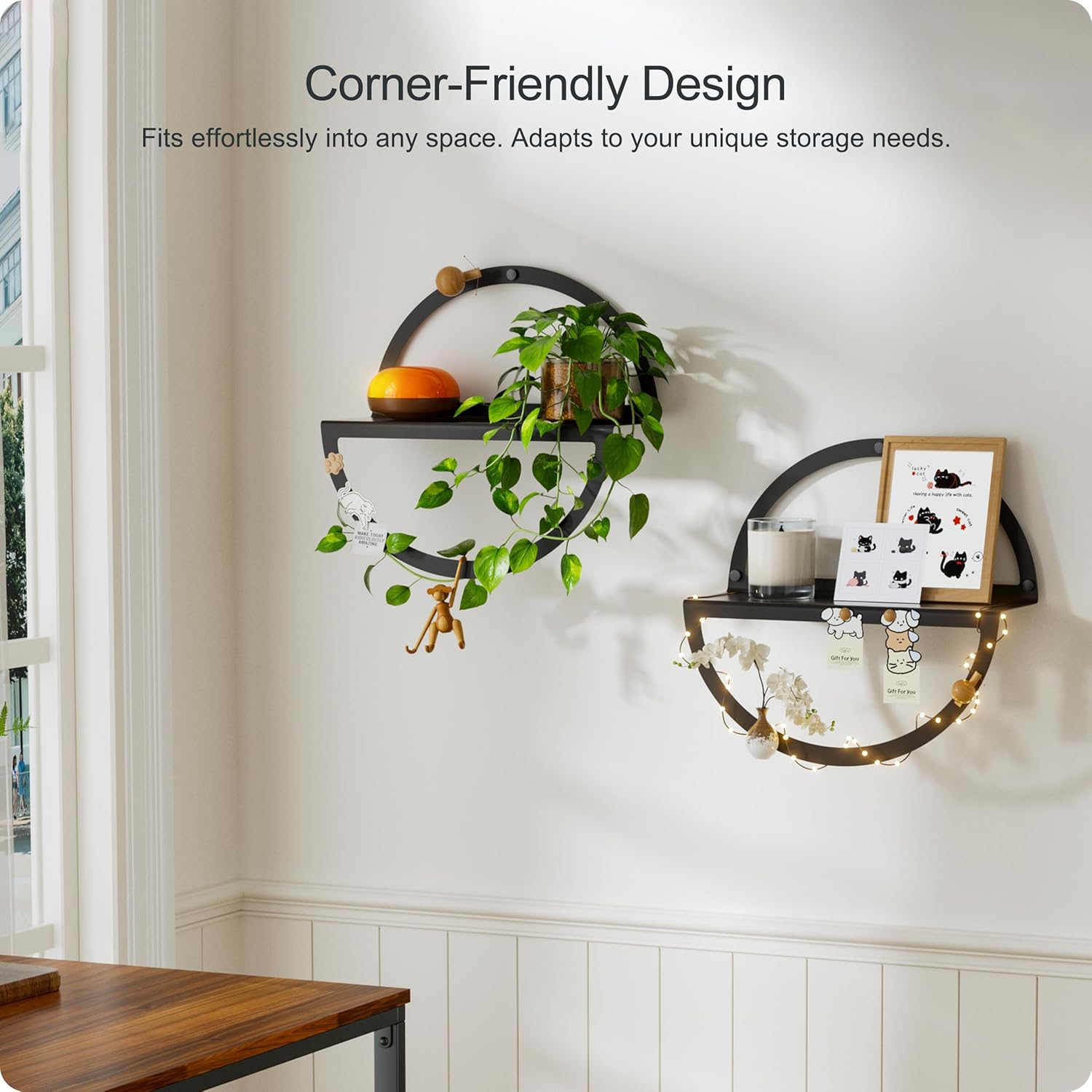 Round Floating Shelves for Wall, Modern Circular Mounted Corner Displays in Black Metal for Living Room, Bedroom & Bathroom – Unique Hanging Decor & Storage, Set of 2