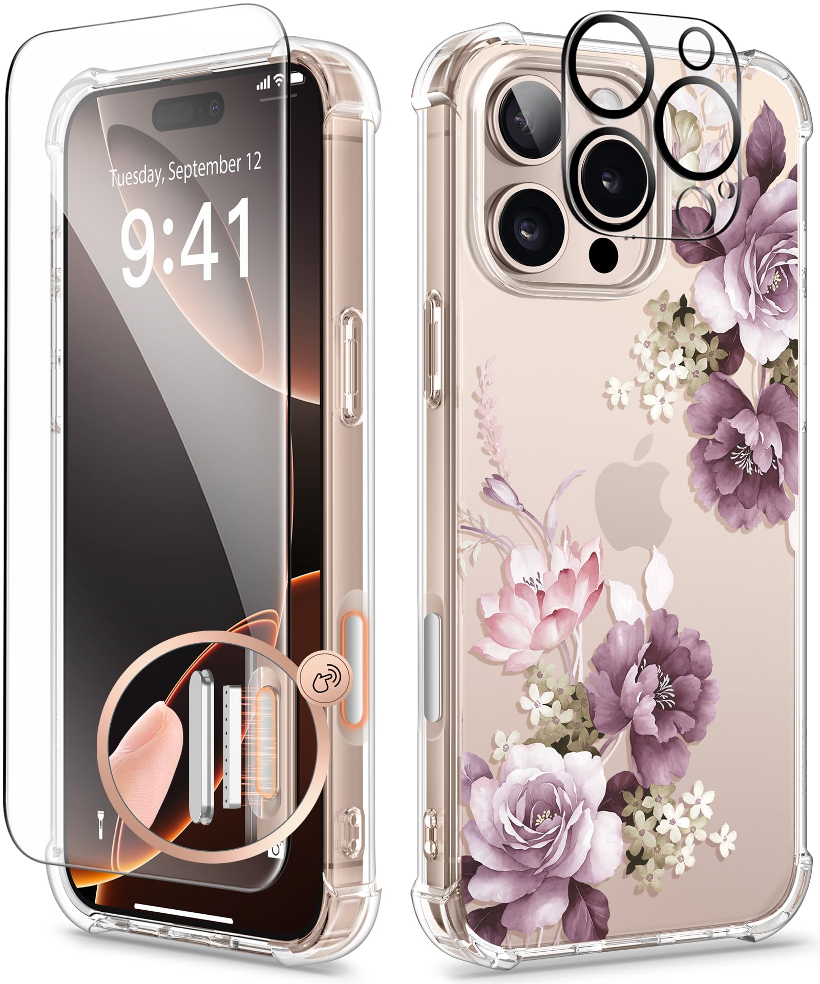 GVIEWINfor iPhone 16 Pro Case, with Screen Protector & Camera Lens Protector, Military-Grade Protection, Clear Shockproof Slim Floral Women Phone Case for iPhone 16 Pro, Cherry Blossoms/Purple