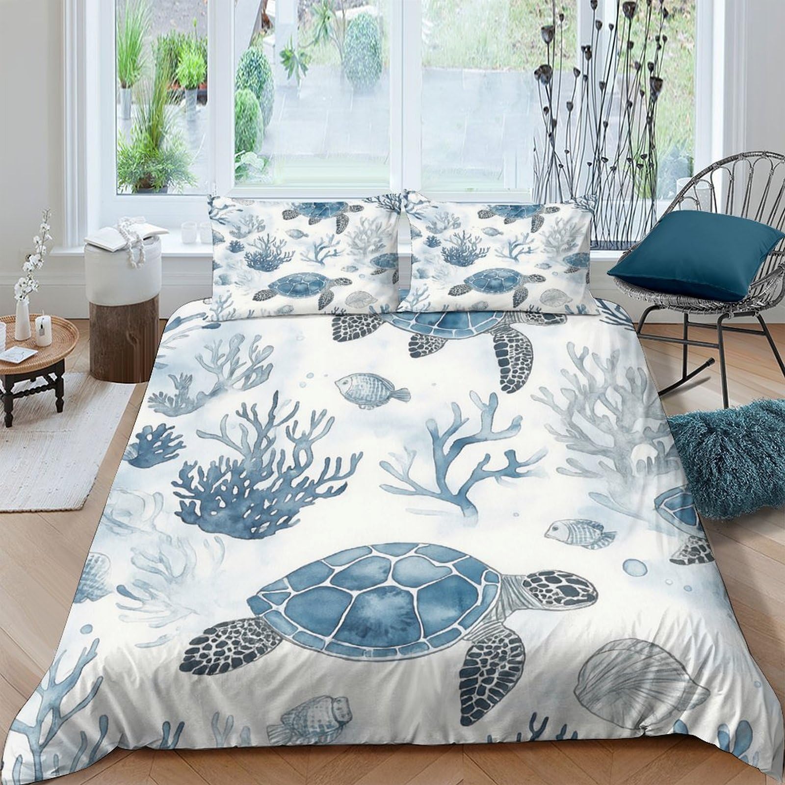 TUFRTGYHN 3D Printed Sea Turtle Coral Duvet Cover Set Microfiber Soft Breathable Ocean Bedding with 2 Pillowcases for Bedroom Home Decor Single（135x200cm）