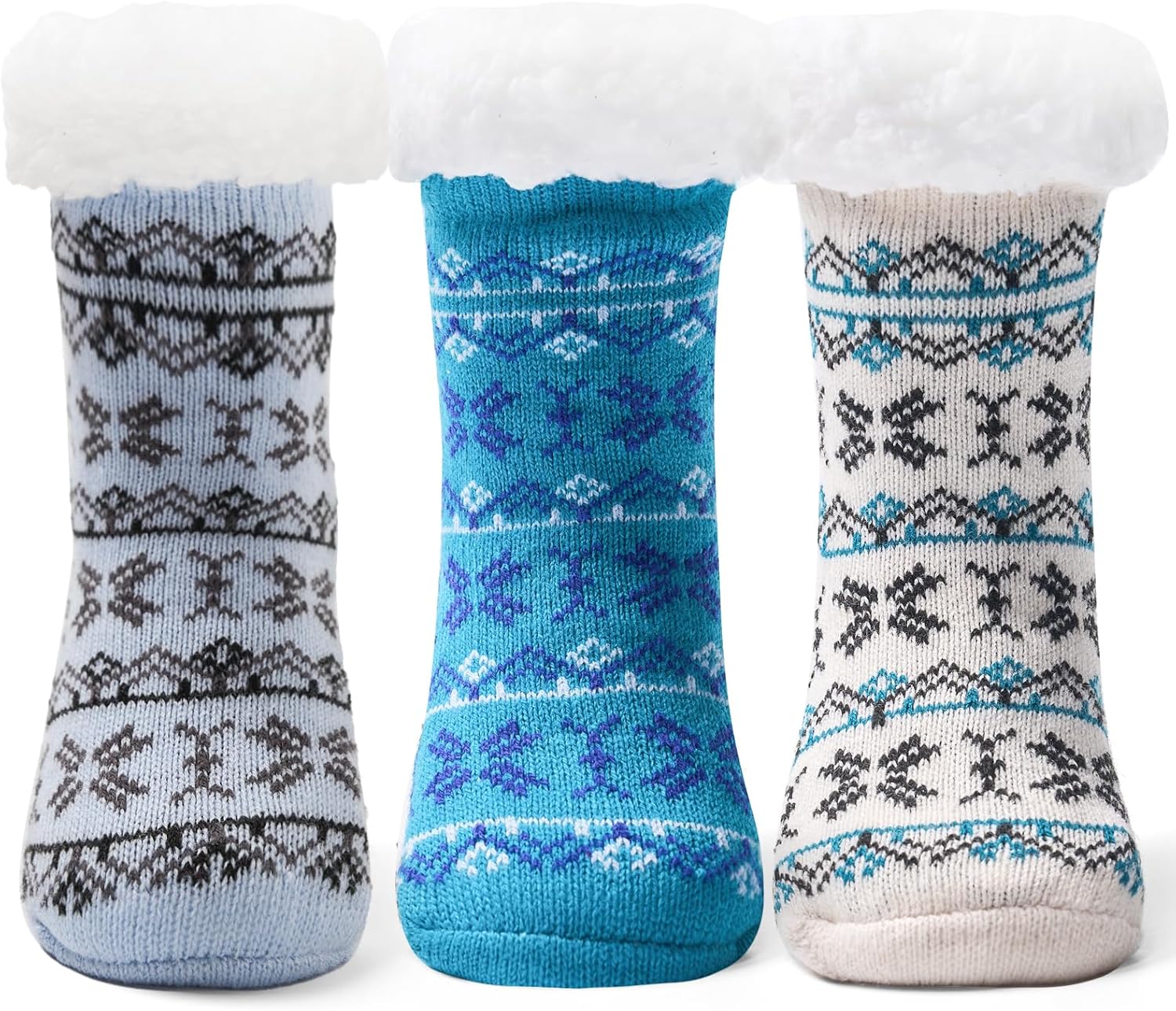 Kids Boys Winter Socks Warm Fuzzy Socks for Girls Home Floor Soft Lined Fluffy Socks with Grips 3 Pack
