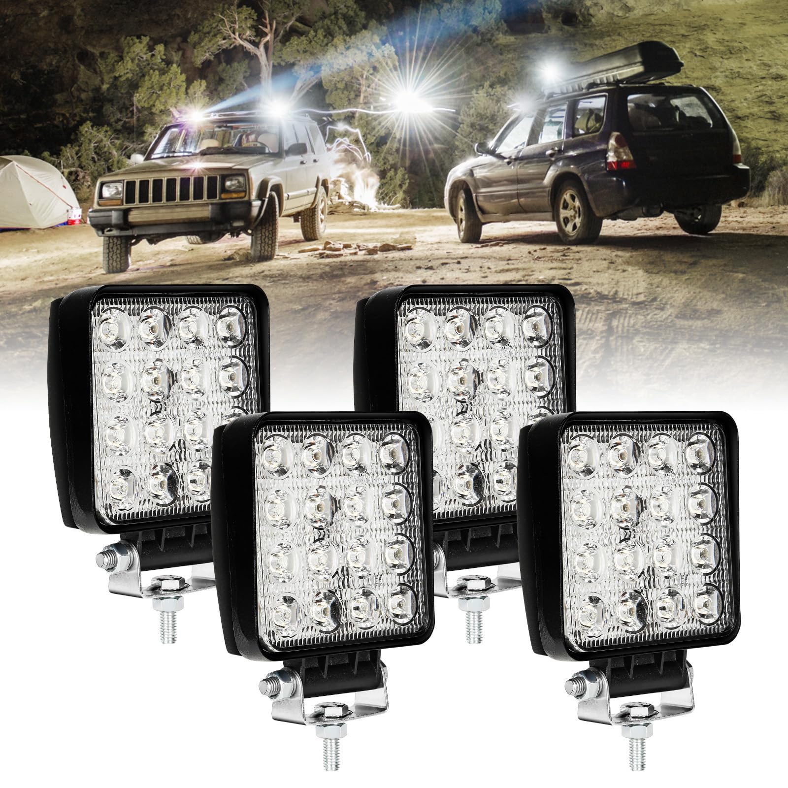 Lot de 4 projecteurs de travail LED 48 W 12 V 4320 lm Phare LED 6500 K Feu de recul IP67 étanche pour tracteur tout-terrain SUV