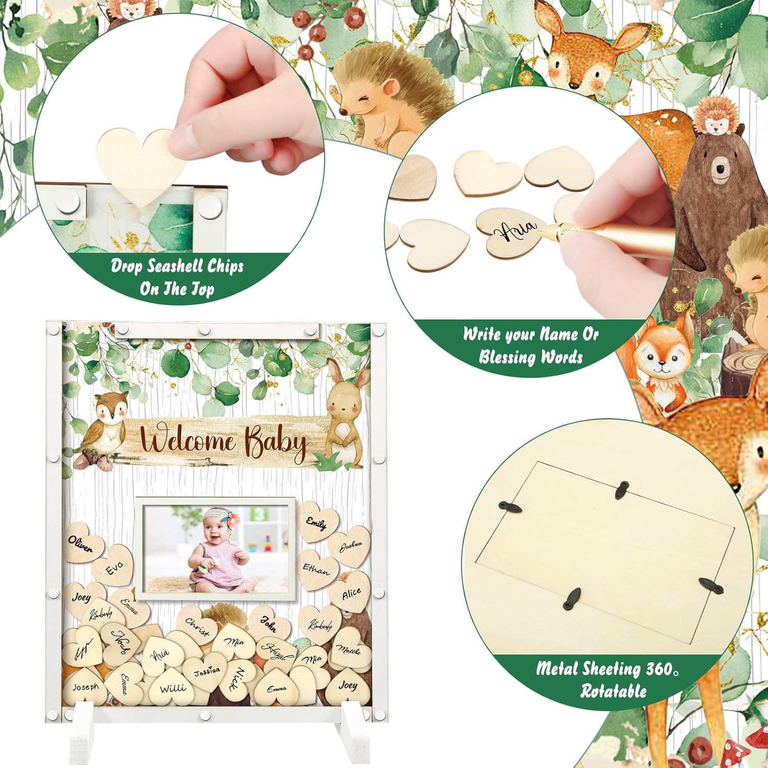 Beeveer 65 Pcs Woodland Baby Shower Guest Book Alternatives He or She Gender Reveal Baby Shower Decorations Animal Sign in Guest Book with Picture Frame and 60 Wooden Chip