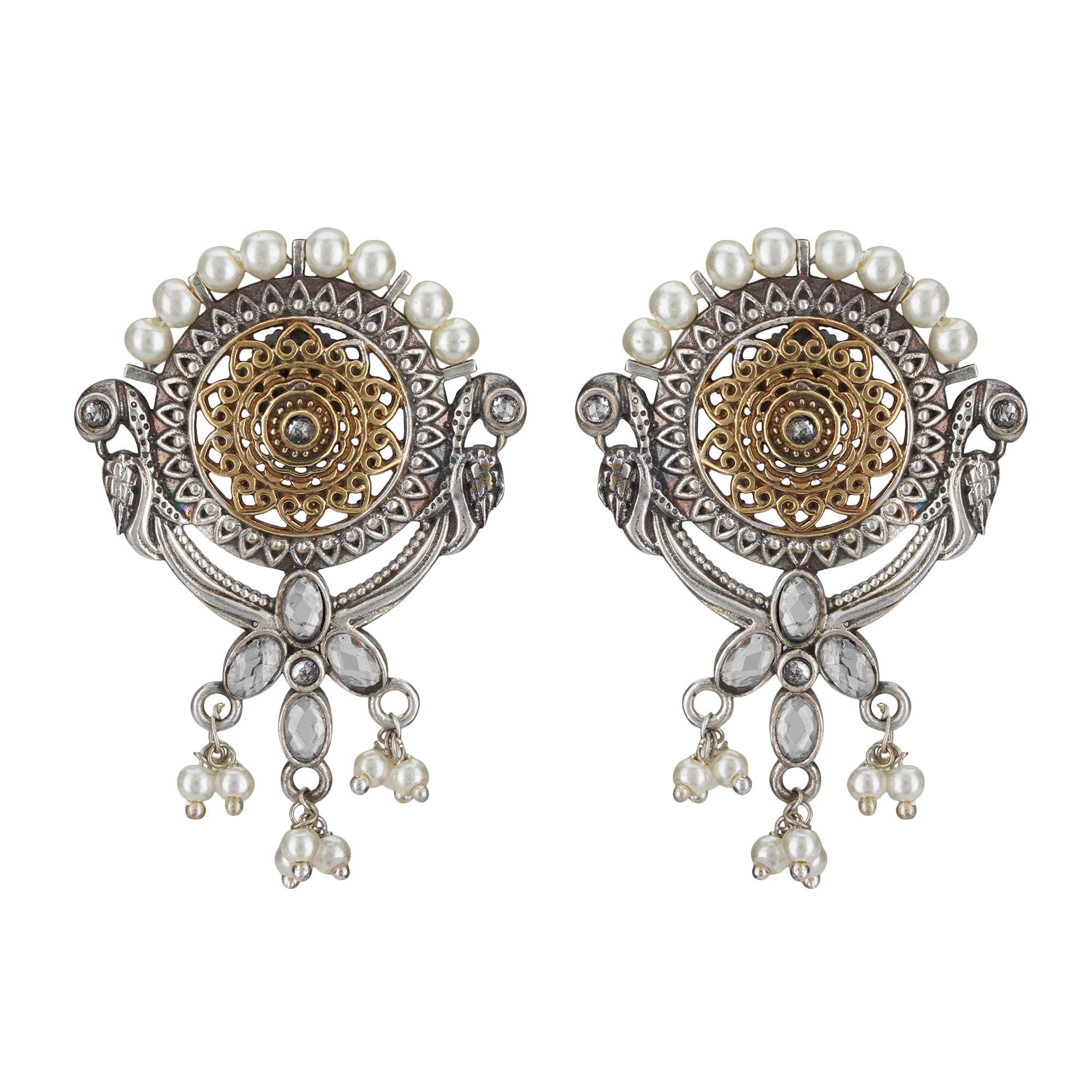 Studio B40 Women's Antique Stud Peacock Round Shape Dual Tone Brass Earrings (Silver Gold)
