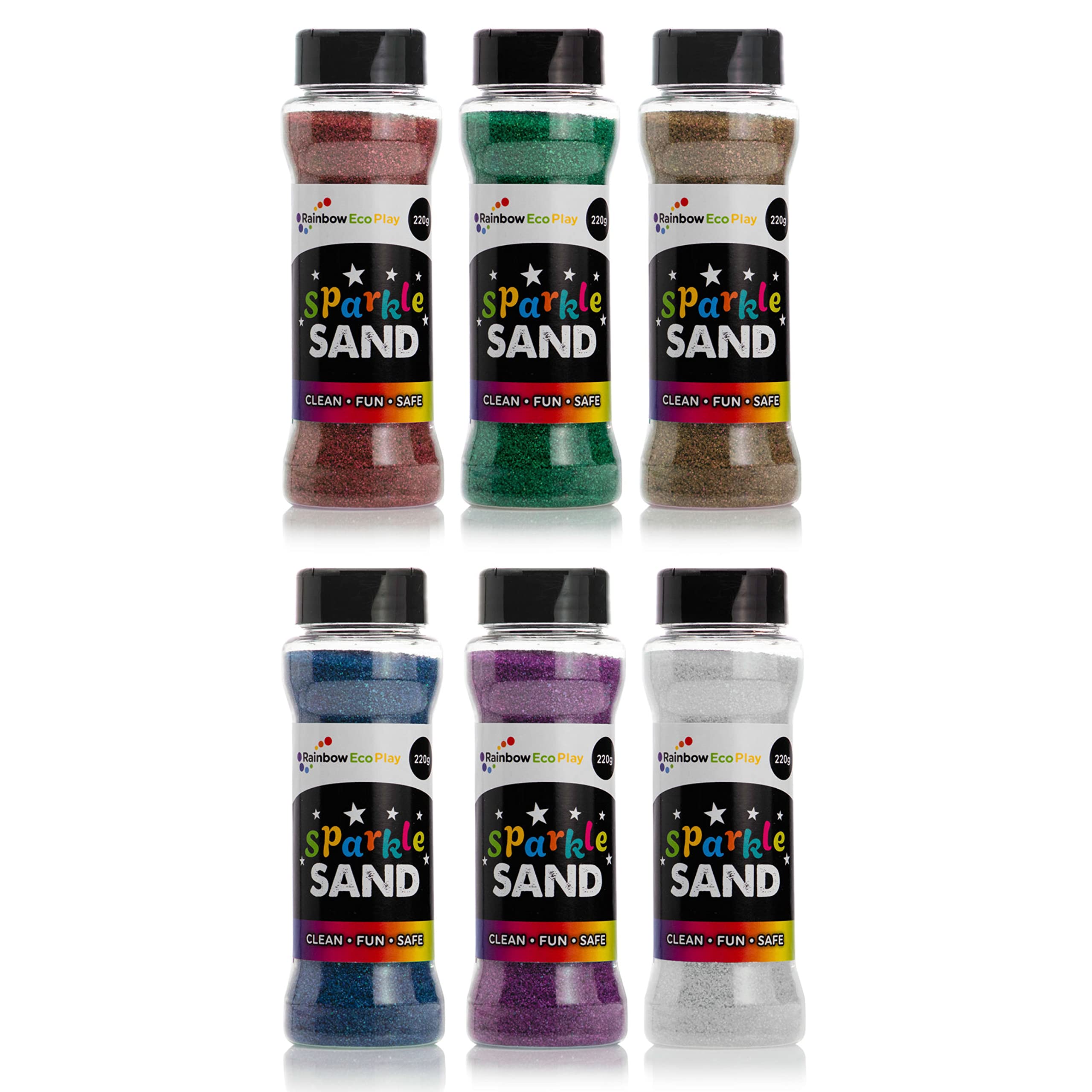 Rainbow Eco Play – Arts and Crafts - Sparkle Coloured Sand Shakers - Play Sand for Kids - Art Kits – Craft Glitter Sand Decorative - 6x220g