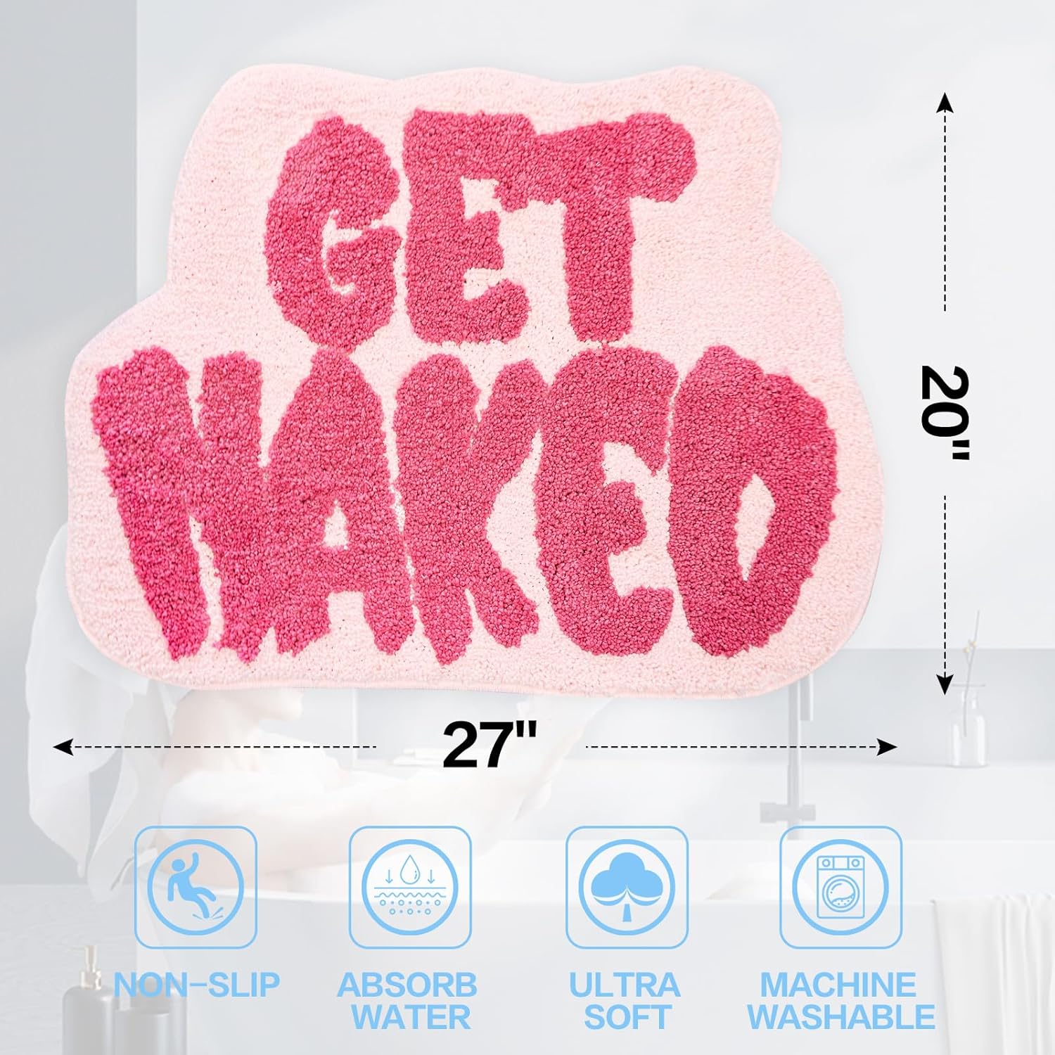Get Naked Bath Mat, Cute Bathr Rugs for Bathroom Mat, Irregular Non Slip Shower Floor MatUltra Soft Mat Funny Bathroom Decor (Rosy Red)
