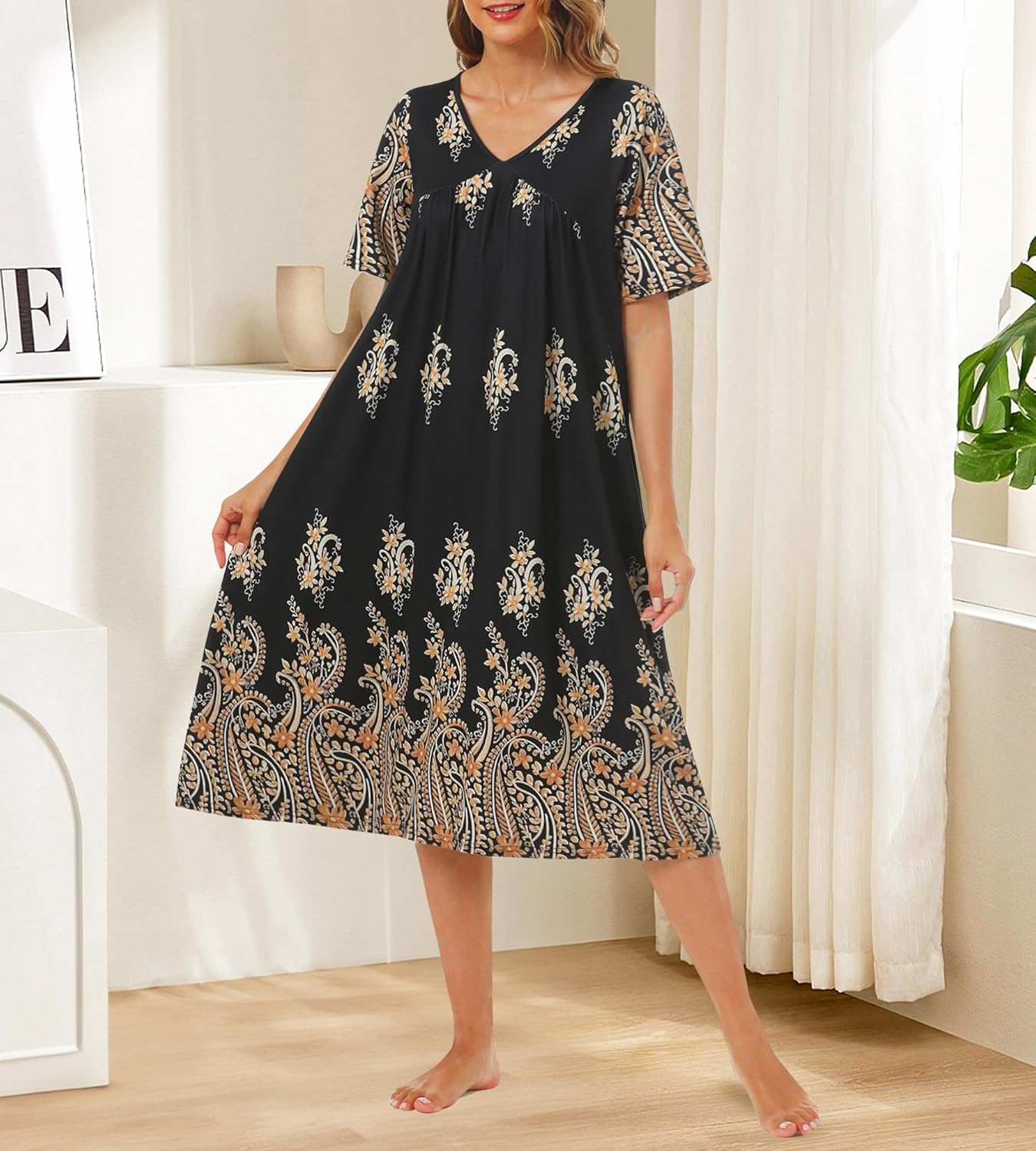 Nightgowns for Women Soft Short Sleeve Sleepshirt House Dress with Pockets Pleated Moo Moo Mumu Nightshirt Loungewear - Image 4