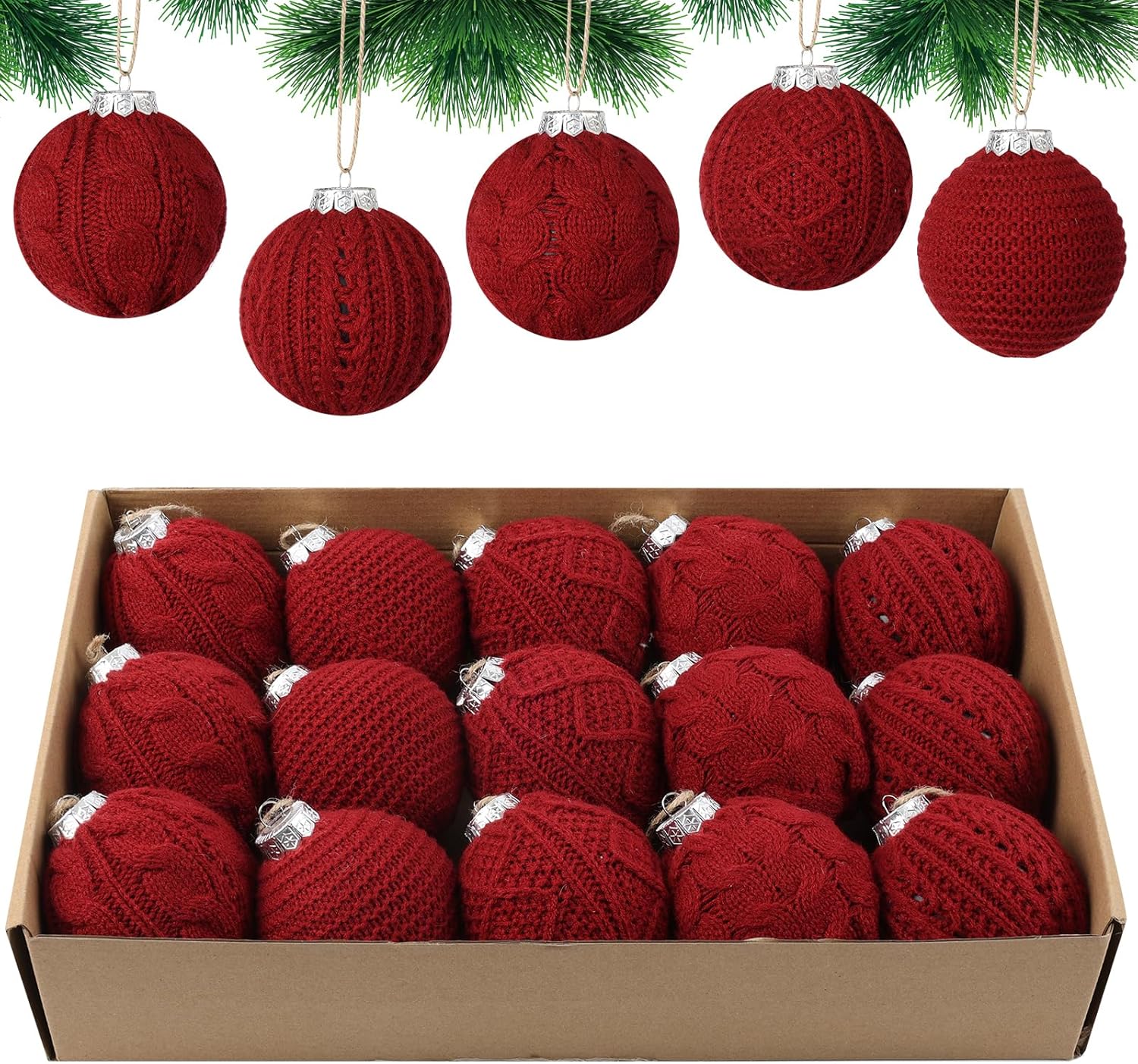 15-Pack Neutral Christmas Ornaments Crochet Christmas Balls - Handmade Style Yarn Ornaments,3.15 inch Knitted Cotton Baubles for Rustic Farmhouse Holiday Xmas Gift Decor (Red)