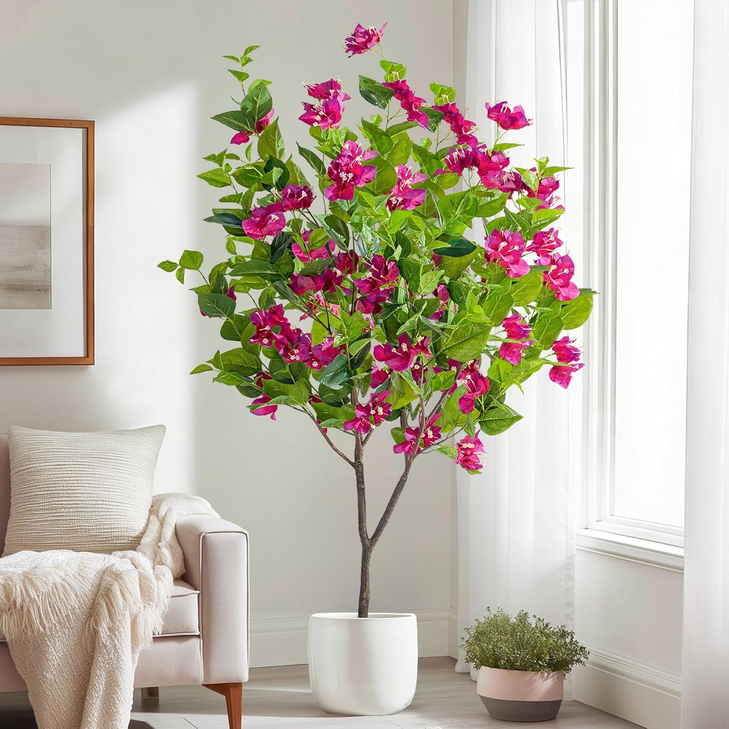 4FT Artificial Bougainvillea Tree Artificial Tree Tall Potted Fake Bougainvillea Trees for Outdoor Indoor Lifelike Potted Faux Plants with Wood Trunk and Flowers Office Wedding Home Decor