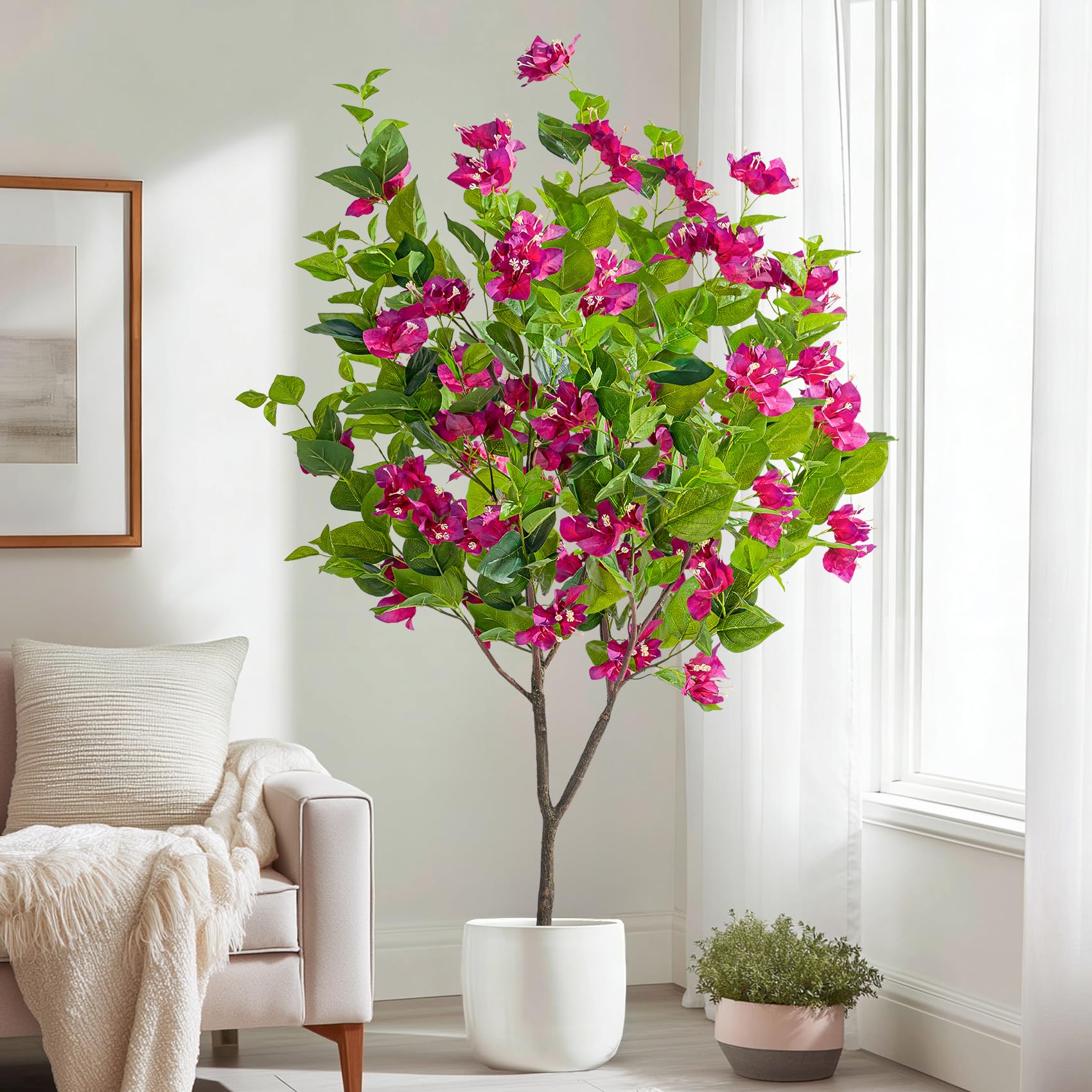 Erimda 4FT Artificial Bougainvillea Tree Artificial Tree Tall Potted Fake Bougainvillea Trees for Outdoor Indoor Lifelike Potted Faux Plants with Wood