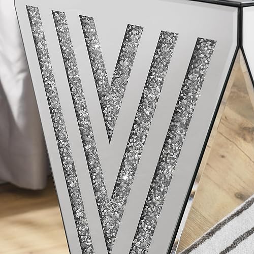 Miniatura 21 de SSLine Mesa auxiliar cuadrada con espejo con luces LED, mesita de noche con espejo, mesa auxiliar de espejo con acabado plateado para dormitorio,