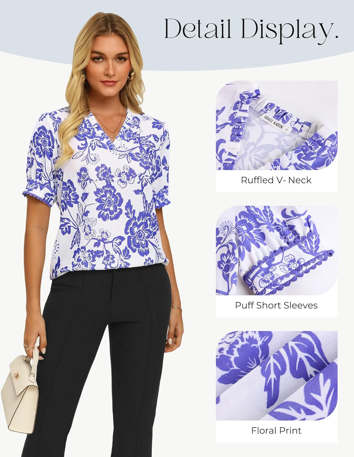 GRACE KARIN Women Boho Floral Tops, Summer Puff Short Sleeve Dressy Casual Shirts, 2026 Spring V Neck Vacation Work Blouse - Image 3