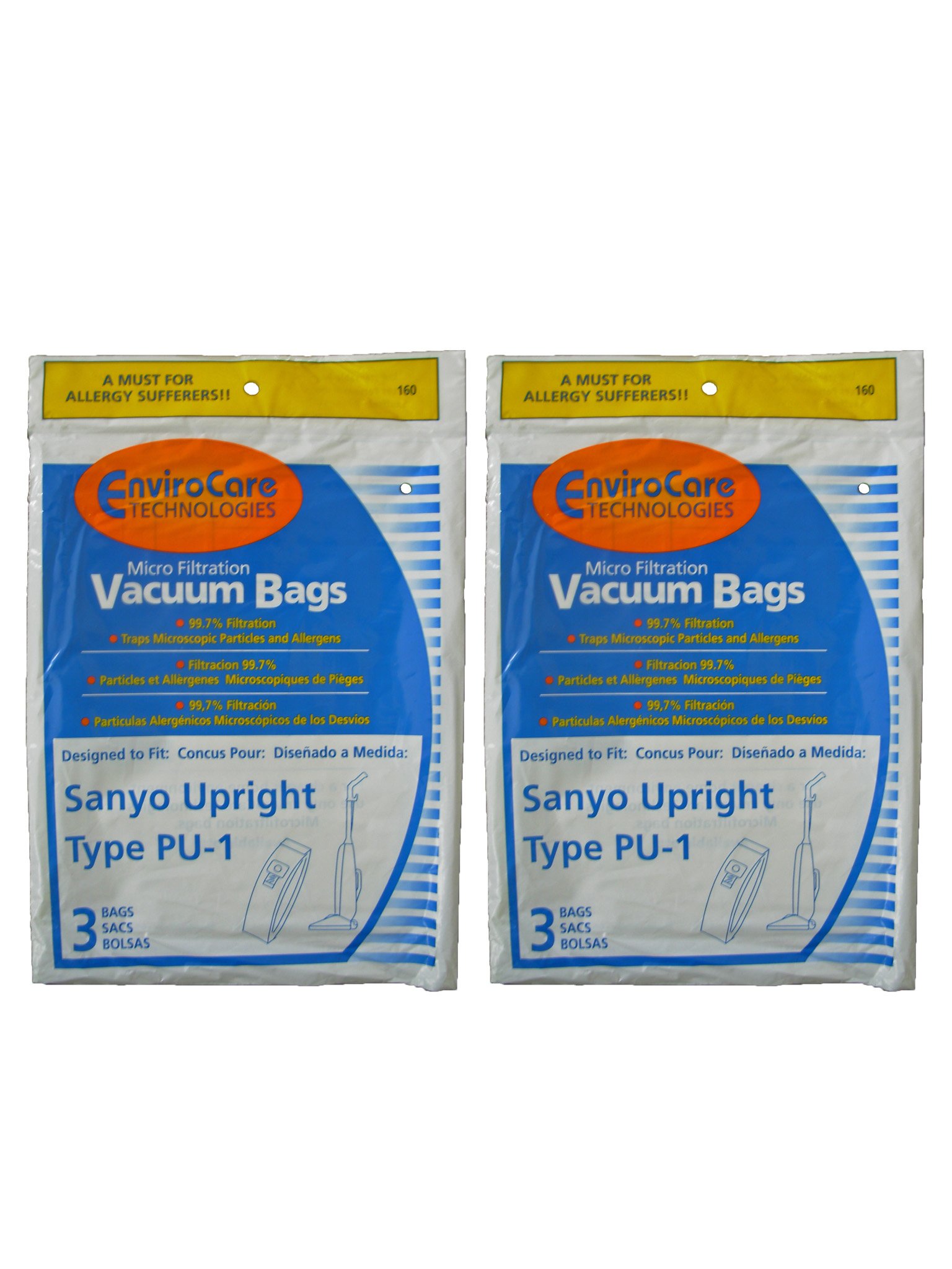 6 Sanyo Upright Pu-1 Vacuum Bags, Panasonic, Kenmore, LG Vacuum Cleaners, SC54A, SCA4, SCA41, SCA42, SCA4A, VU5545-65