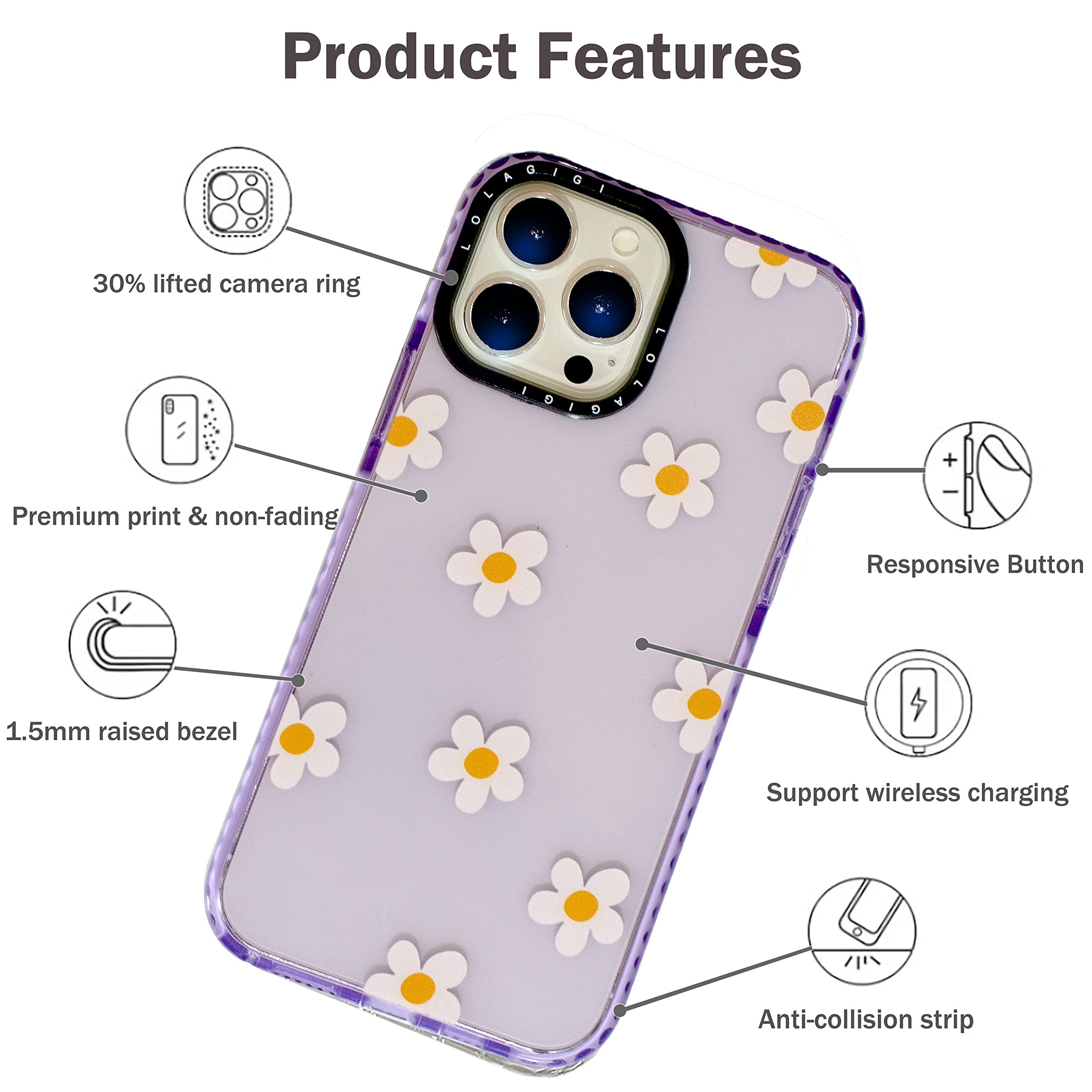 for iPhone 15 Plus Case for Women, Purple Cute Daisy Hamomile Flowers Print Girly Design Kawaii Aesthetic Cartoon Pattern for Girls Teens Soft TPU Case Cover for iPhone 15 Plus (6.7") - 4