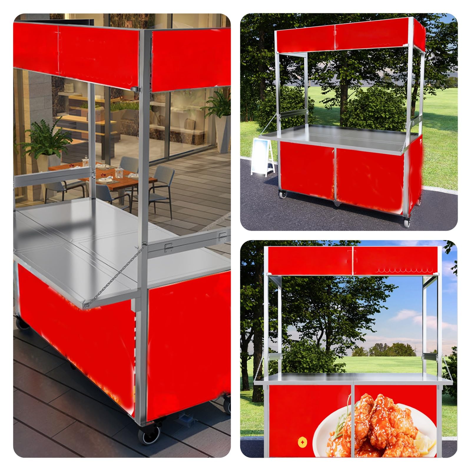 Carrello portatile per alimenti con ruote, carrello pieghevole in metallo, grande stoccaggio, ruote girevoli a 360° bloccabili, piano di lavoro estensibile per mercati e cibo da strada