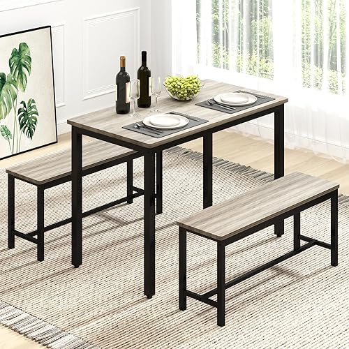 Rovibek Juego de mesa de comedor para 4 personas con 2 bancos, juego de mesa de cocina que ahorra espacio para cocina y comedor, gris