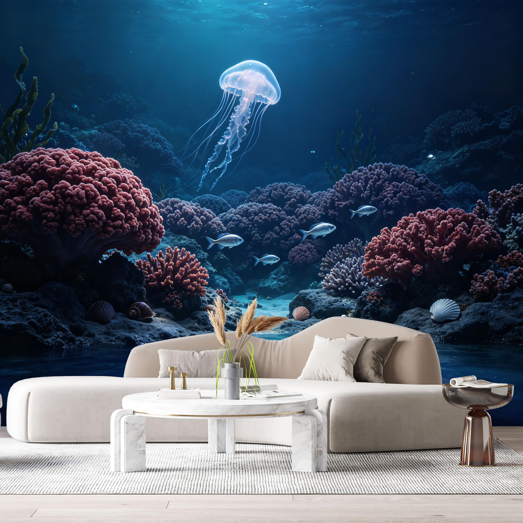 Custom Size Wall Murals Ocean Marine 3D Bioluminescent Jellyfish Deep Sea Coral Reef SelfAdhesiveWall Fabric Removable Wallpaper Wall Decor for Living Room Bedroom Bathroom