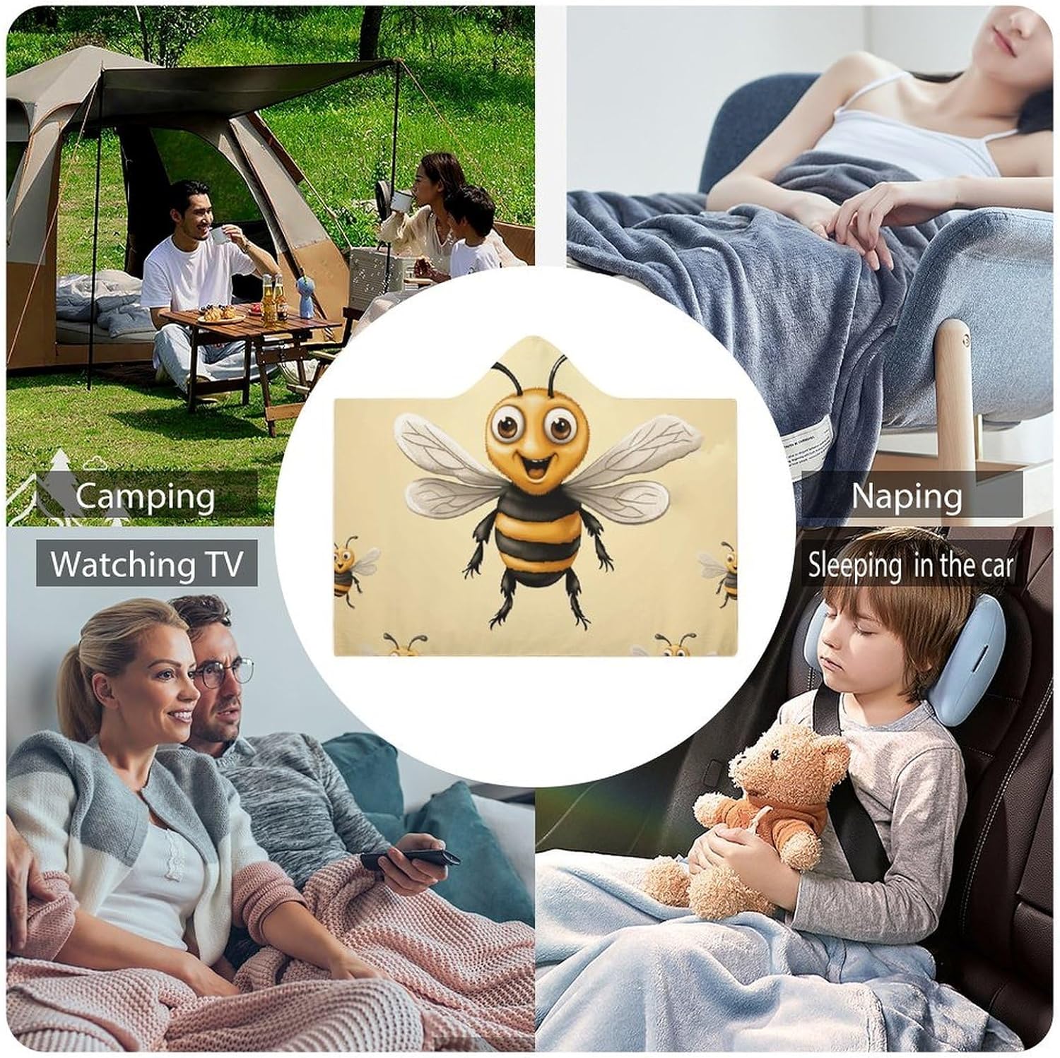 Bee Wearable Hooded Blanket, Ultra Soft Arctic Velvet Cape Cloak Unisex - Cozy Wearable Blanket