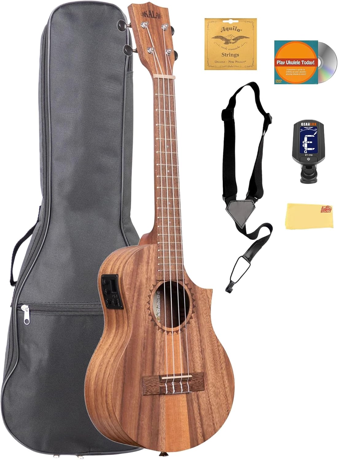 Kala KA-TK-T-CE Teak Tri-Top Tenor Ukulele w/Cutaway and EQ Bundle with Gig Bag, Tuner, Aquila Strings, Strap, Austin Bazaar Instructional DVD, and Polishing Cloth