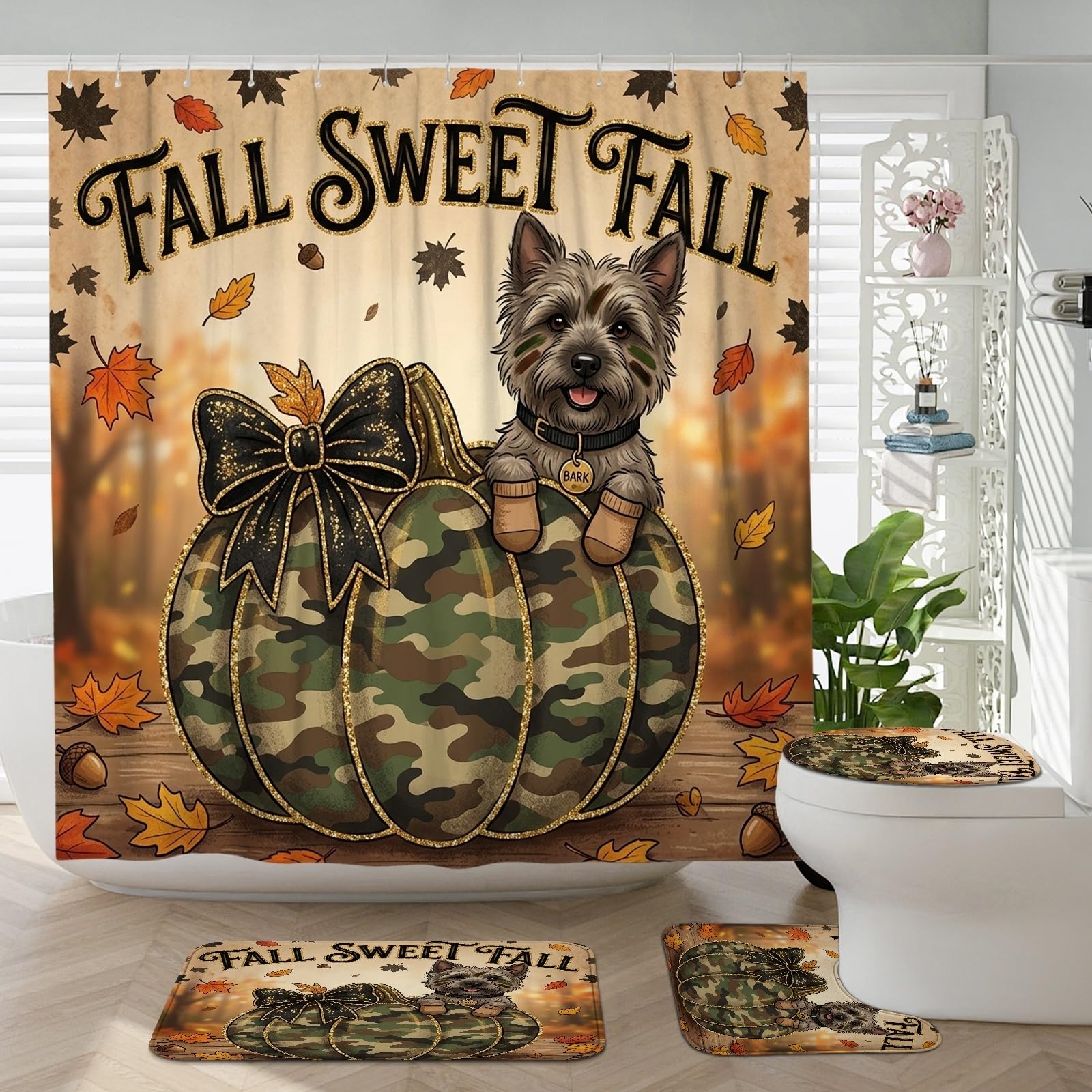 Ensemble rideau de douche Cairn Terrier d'automne pour réchauffer l'ambiance de votre salle de bain