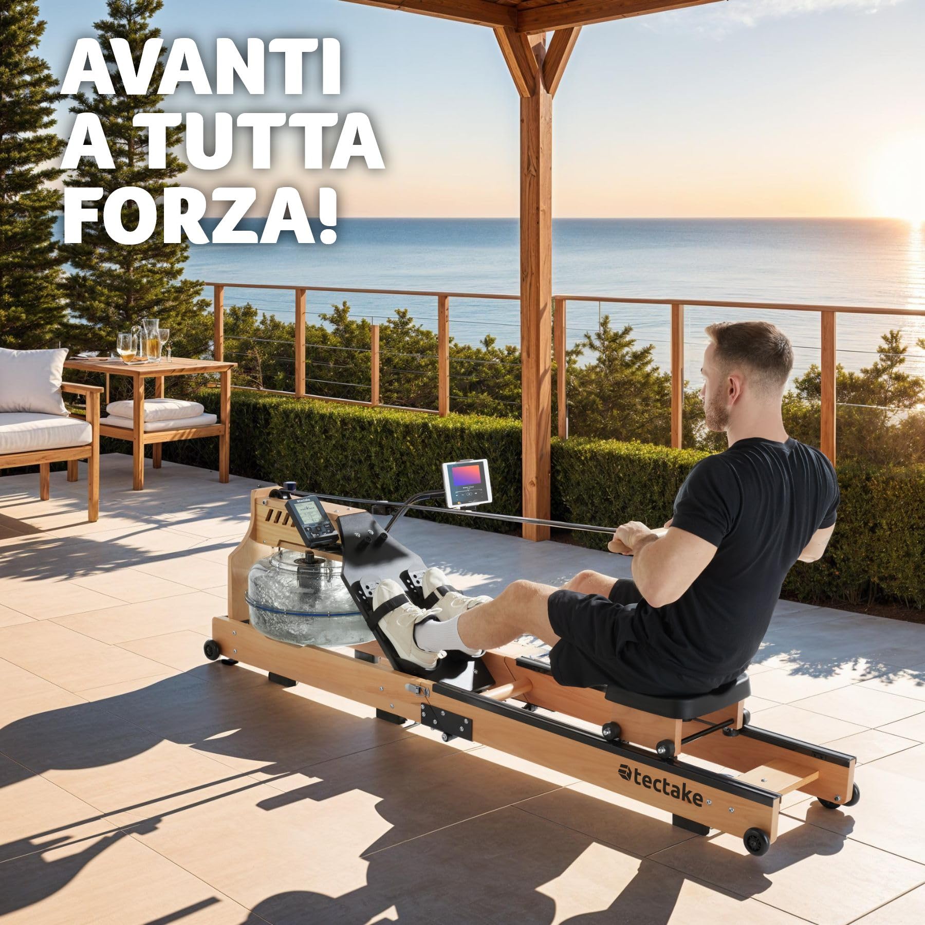 tectake® Vogatore in Legno per Allenamento a Casa, Vogatore Salvaspazio per Palestra in Casa, Sedile Ergonomico, con Serbatoio d'Acqua, Display Integrato, Carico Massimo 150 kg - Nero/Marrone